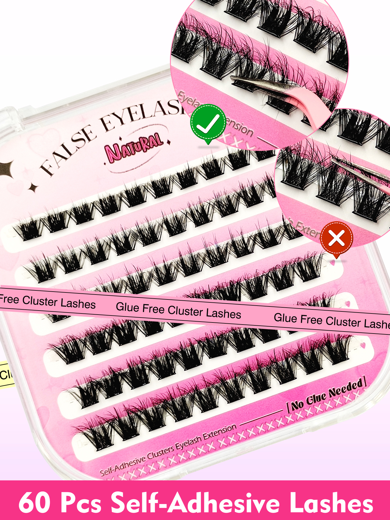 Sibeuna 60 Pcs D Curl Fluffy Self Adhesive Eyelashes Clear Band Soft Cat Eye Lashes Wear No Glue Needed Lashes,Reusable,Comfortable And Novice Friendly,Pre Glued Lashes,No-Glue Lashes,For Daily Style Eye Makeup