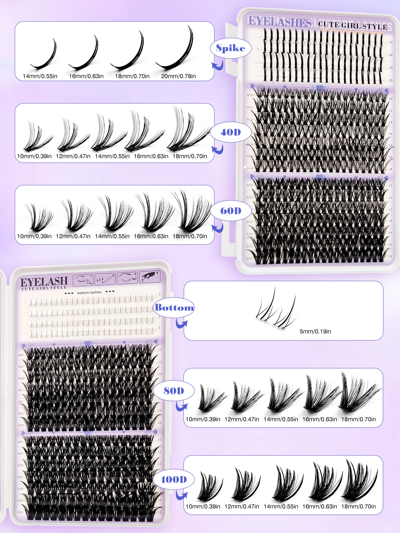 Sibeuna  646 Pcs D Curl Bottom Lashes+Spikes Lashes +40D+60D+80D+100D Suitable For Makeup, Eyelash Extension, DIY Lashes, DIY Eyelash Extension At Home