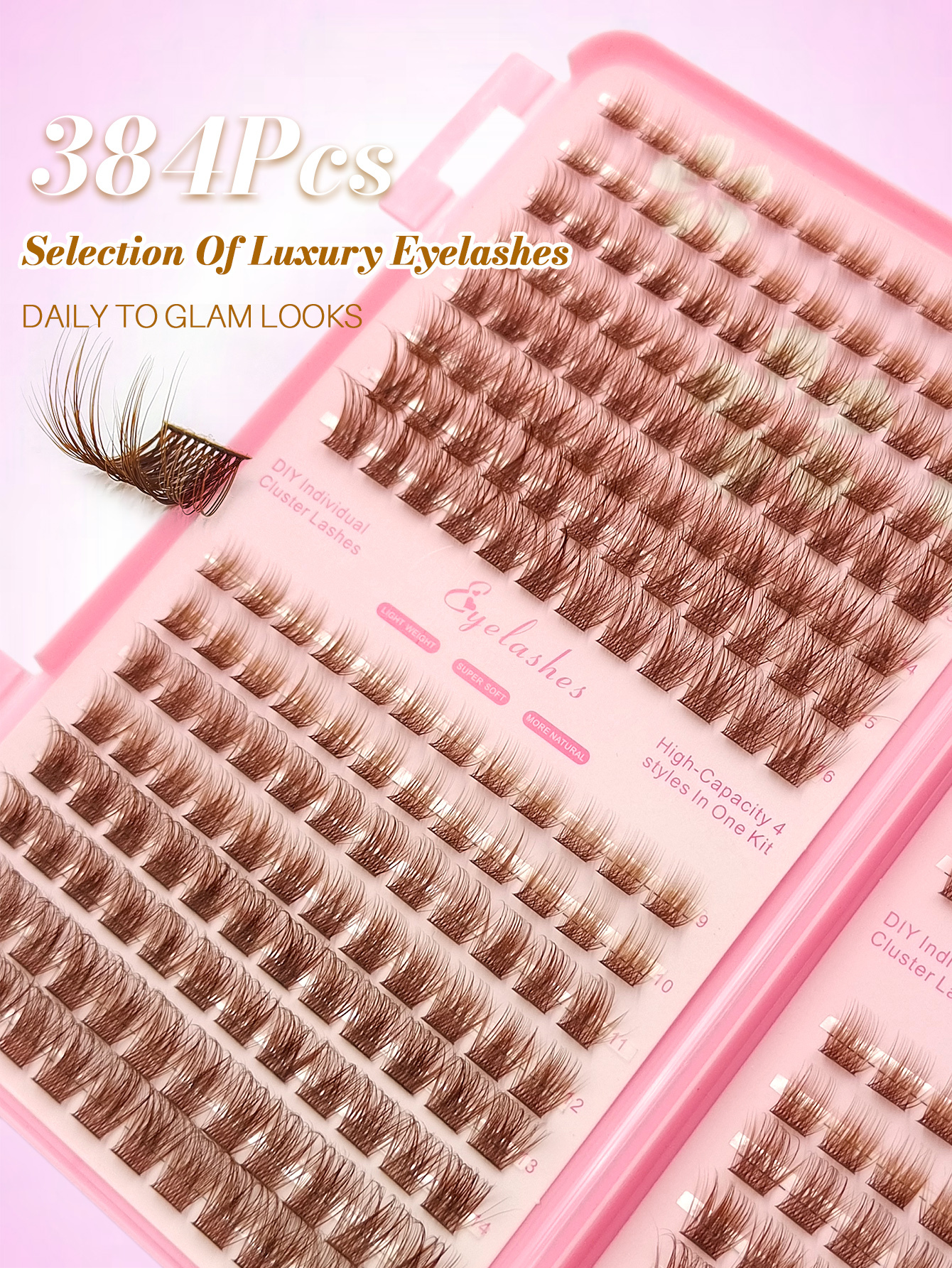 Sibeuna 384Pcs D Curl Brown Clusters Lashes Natural Look Lash Clusters Thick Soft Reusable False Eyelashes Lightweight For Party,Vocation,Beach,Travel Essentials