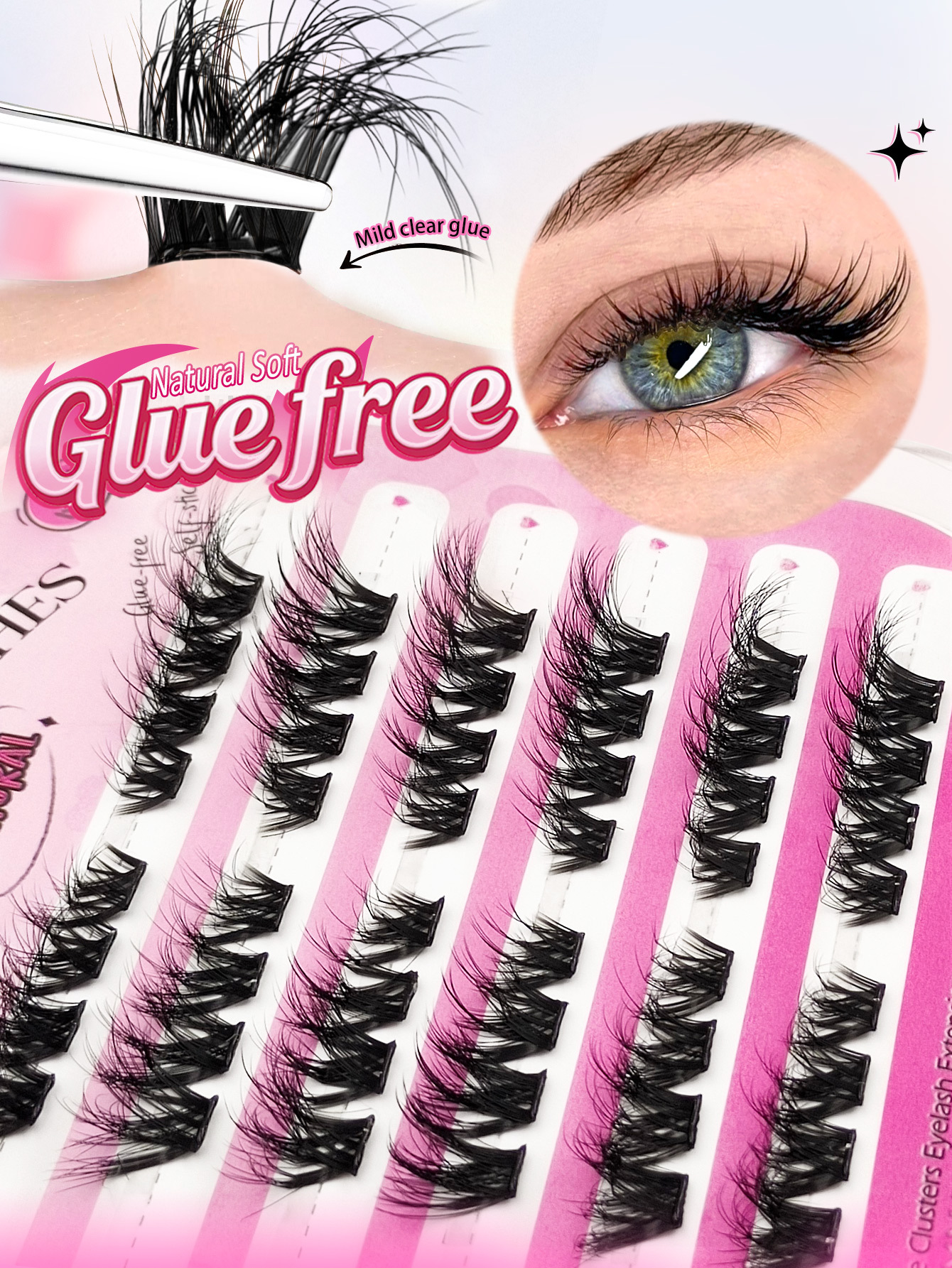 Sibeuna 48Pcs Self Adhesive Lashes Fluffy False Eyelash Clusters, 10-16mm Mixed Length, No Glue Needed, No Remover, Quick Makeup, 3D Fluffy Cat Eye Glue-free Desgin Individual Lashes, Self-Adhesive DIY Eyelash, Pre-Glued Lash Clusters,