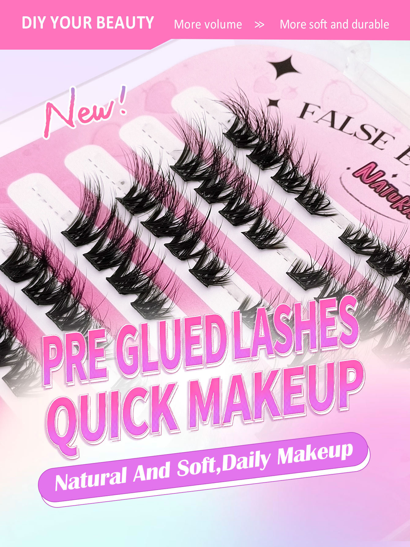 Sibeuna 48Pcs Self Adhesive Lashes Fluffy False Eyelash Clusters, 10-16mm Mixed Length, No Glue Needed, No Remover, Quick Makeup, 3D Fluffy Cat Eye Glue-free Desgin Individual Lashes, Self-Adhesive DIY Eyelash, Pre-Glued Lash Clusters,