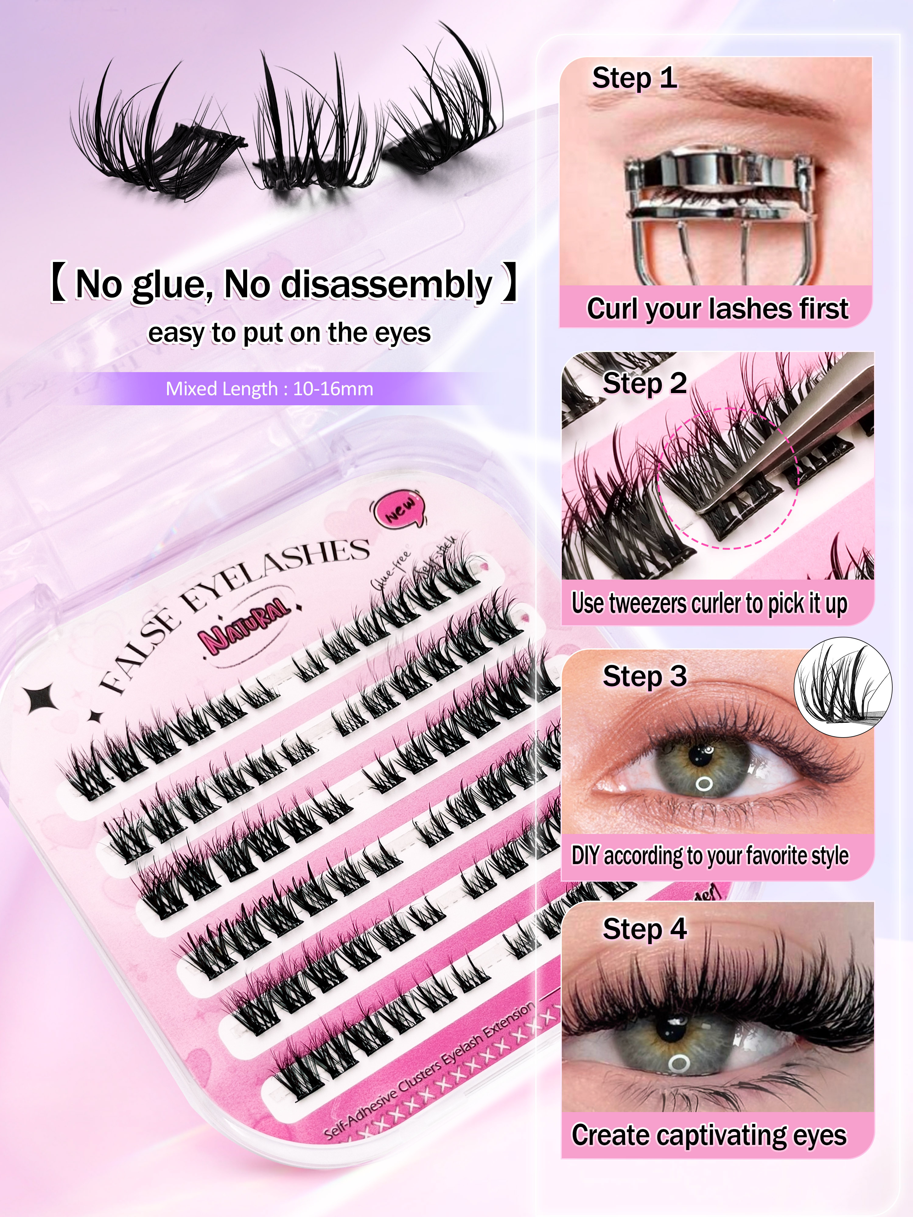 72 Pcs Self Adhesive Lashes Fluffy False Eyelash Clusters, 10-16mm Mixed Length, No Glue Needed, No Remover, Quick Makeup, 3D Fluffy Cat Eye Glue-free Desgin Individual Lashes, Self-Adhesive DIY Eyelash, Pre-Glued Lash Clusters, Natural Lengthening