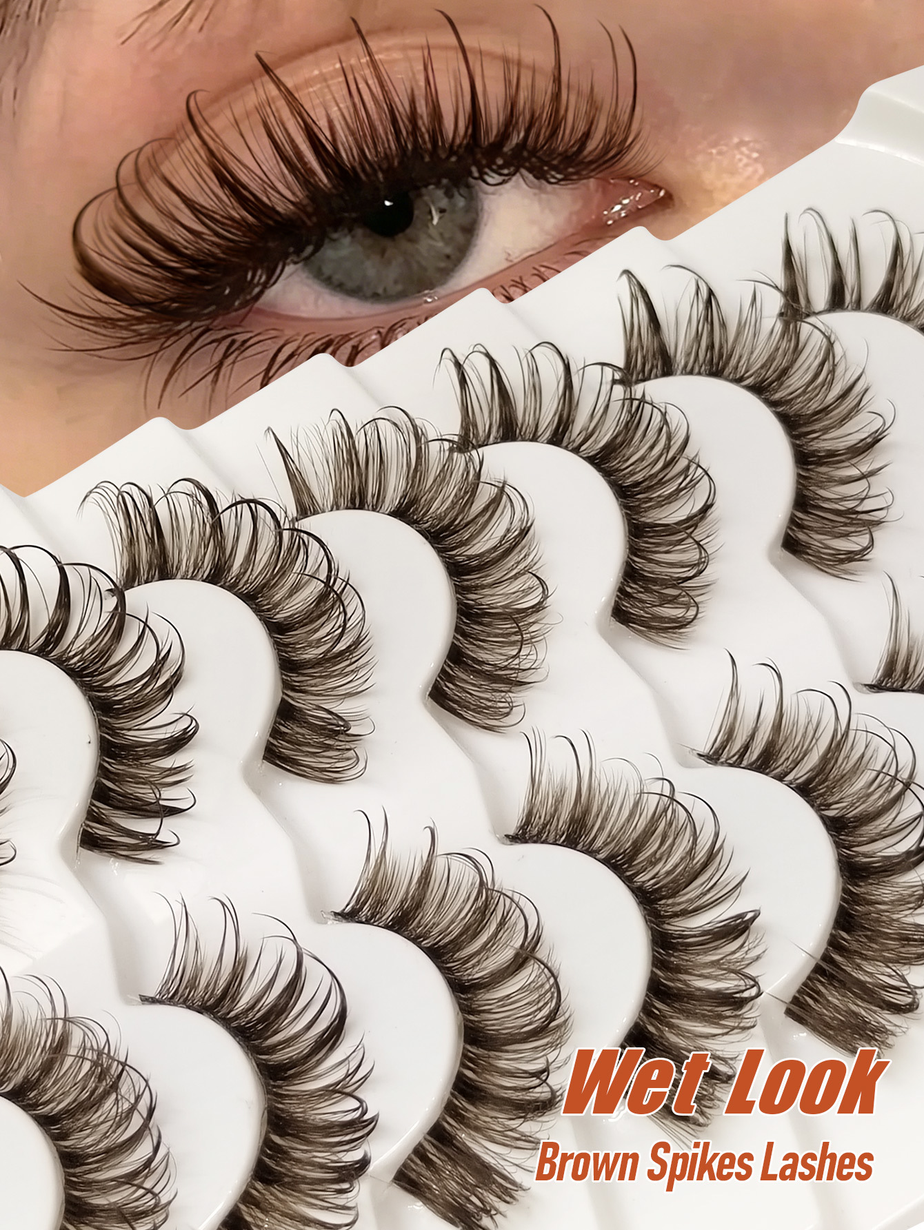 Sibeuna 7Pairs Wet Look Manga Brown Lashes Spikes Lashes Clear Band Traceless Comfortable Eyelashes 3D Fluffy Dramatic Look Volume Cat Eye lashes 15-20mm Reusable False Lashes Extensions Curly Wispy Fake Lashes Makeup Tools