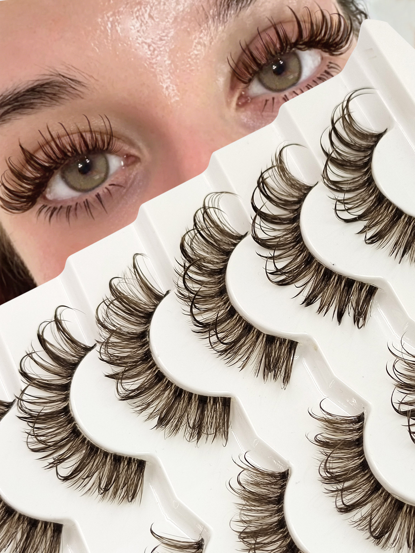 Sibeuna 7Pairs Wet Look Manga Brown Lashes Spikes Lashes Clear Band Traceless Comfortable Eyelashes 3D Fluffy Dramatic Look Volume Cat Eye lashes 15-20mm Reusable False Lashes Extensions Curly Wispy Fake Lashes Makeup Tools
