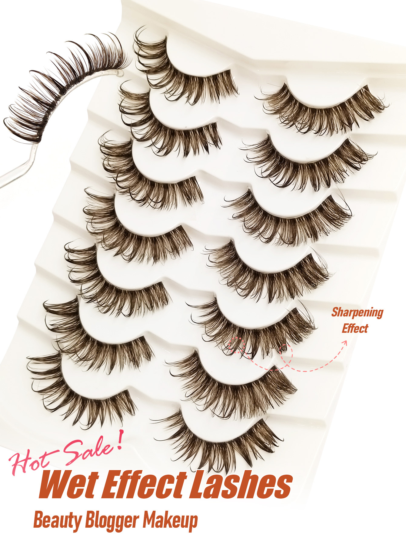 Sibeuna 7Pairs Wet Look Manga Brown Lashes Spikes Lashes Clear Band Traceless Comfortable Eyelashes 3D Fluffy Dramatic Look Volume Cat Eye lashes 15-20mm Reusable False Lashes Extensions Curly Wispy Fake Lashes Makeup Tools