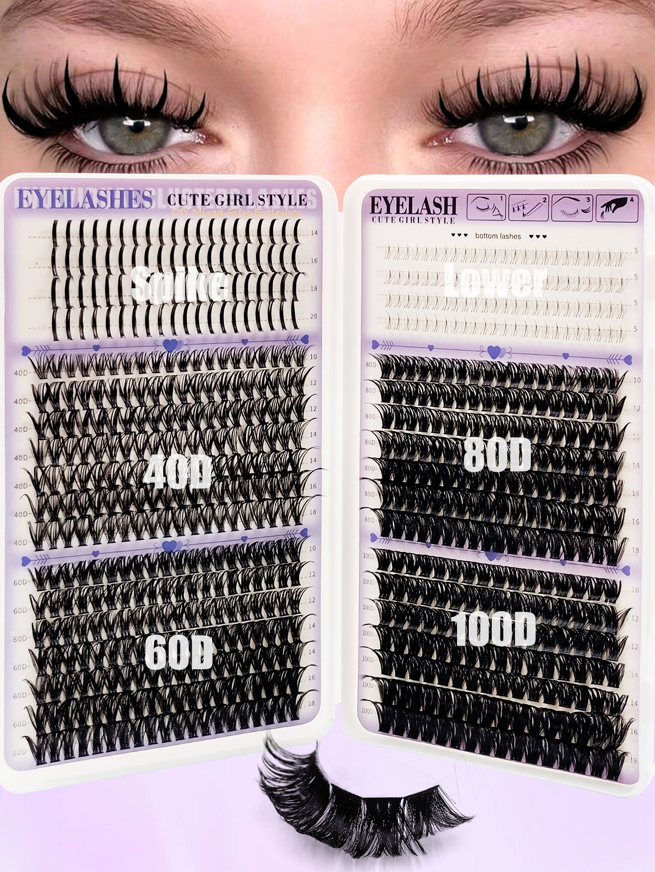 Sibeuna  646 Pcs D Curl Bottom Lashes+Spikes Lashes +40D+60D+80D+100D Suitable For Makeup, Eyelash Extension, DIY Lashes, DIY Eyelash Extension At Home