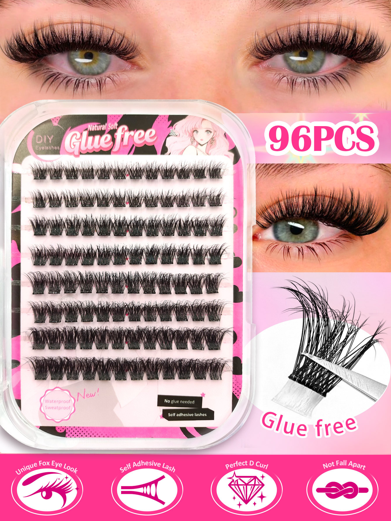 Sibeuna 96pcs D Curl Self-Adhesive False Eyelash Clusters, 10-16mm Mixed Length Fluffy Individual Lashes, Pre Glued DIY Eyelash Extension, Glue-free & Removal-free, Beginner-friendly, Long-lasting, Lash Clusters, Natural Curly Lash Clusters, False Eyelash