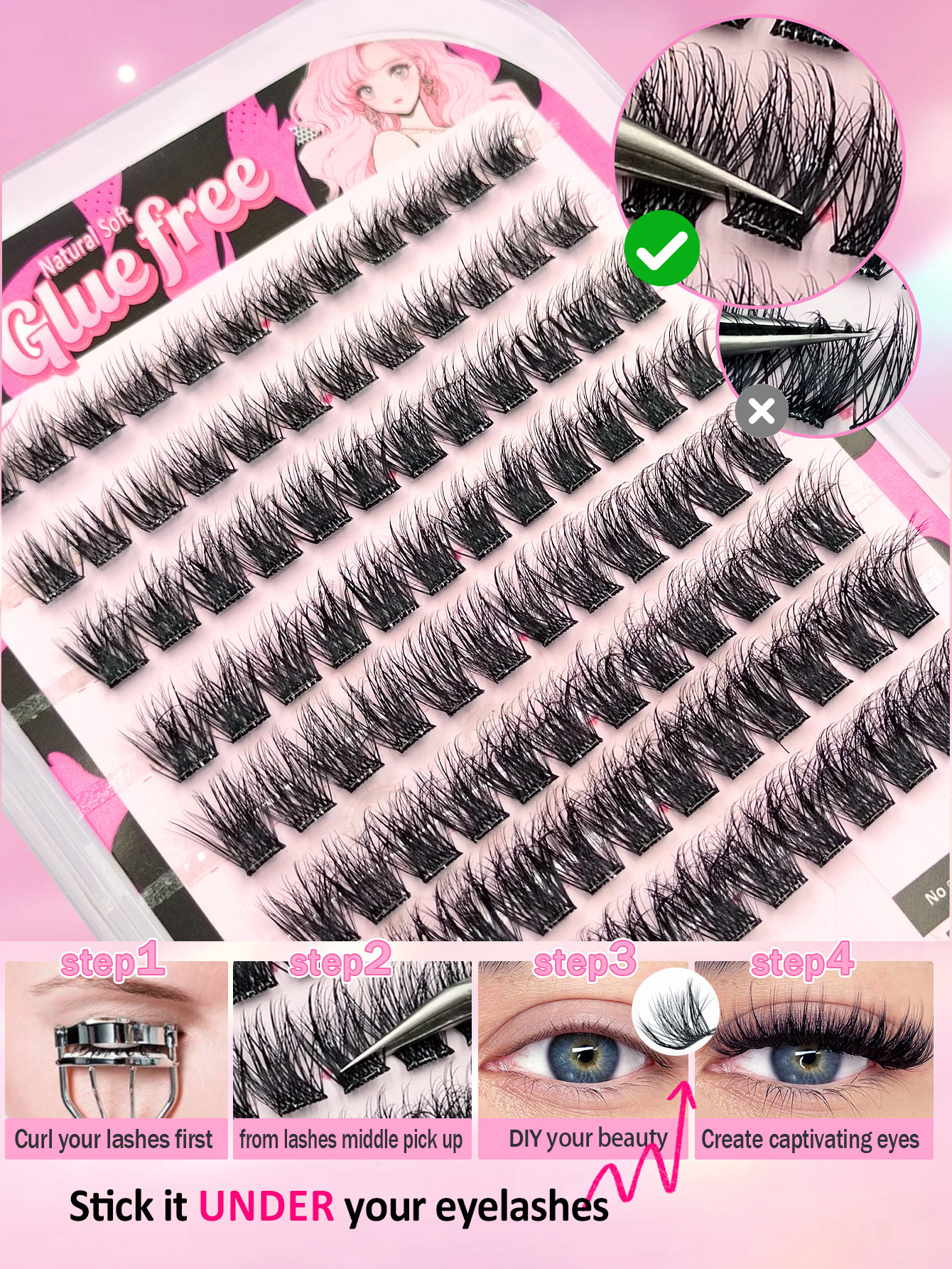 Sibeuna 96pcs D Curl Self-Adhesive False Eyelash Clusters, 10-16mm Mixed Length Fluffy Individual Lashes, Pre Glued DIY Eyelash Extension, Glue-free & Removal-free, Beginner-friendly, Long-lasting, Lash Clusters, Natural Curly Lash Clusters, False Eyelash
