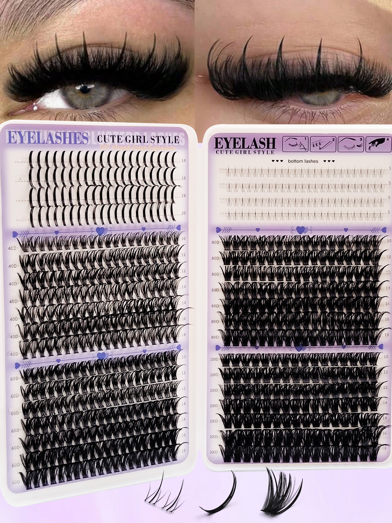 Sibeuna  646 Pcs D Curl Bottom Lashes+Spikes Lashes +40D+60D+80D+100D Suitable For Makeup, Eyelash Extension, DIY Lashes, DIY Eyelash Extension At Home
