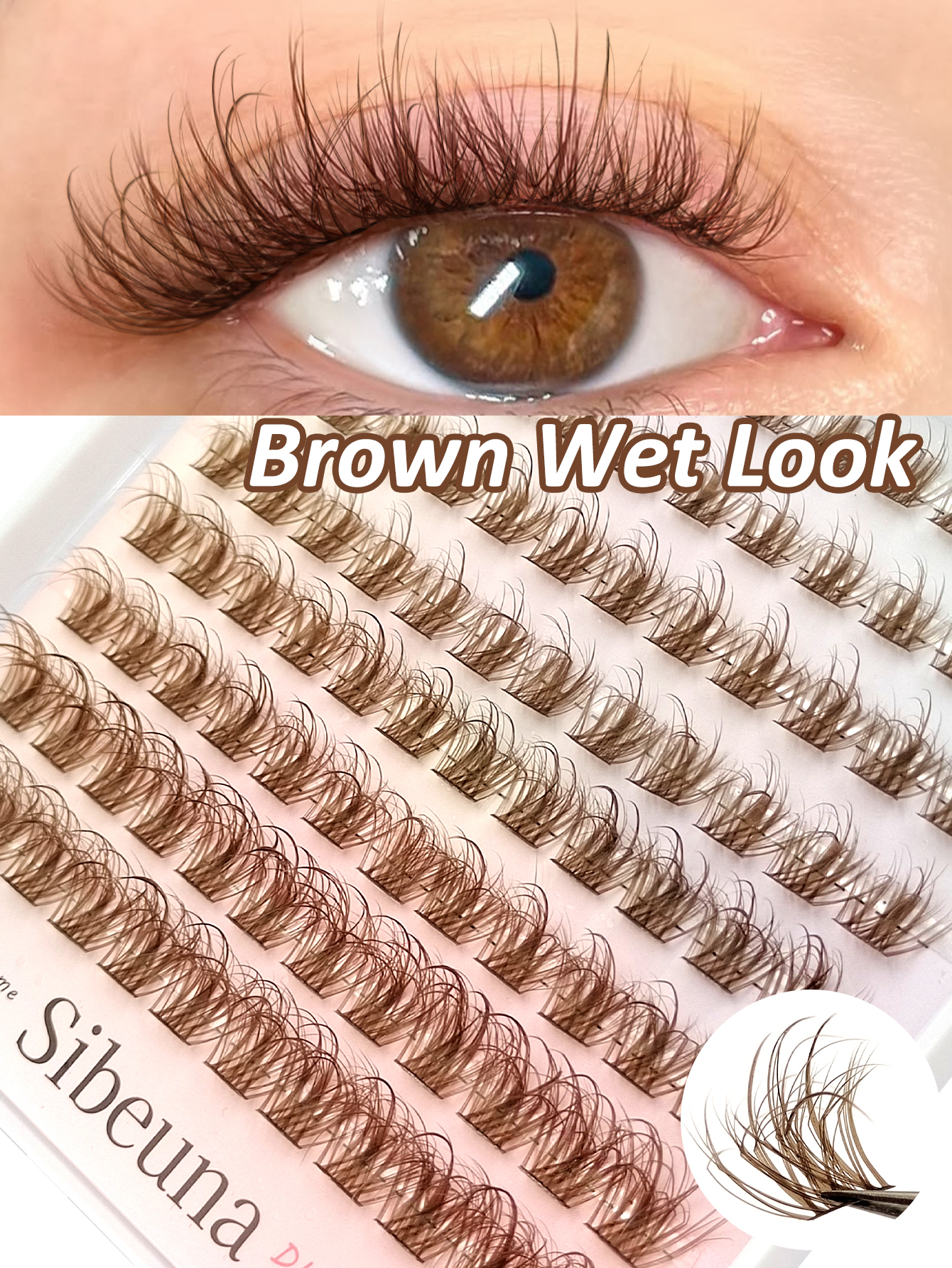 Sibeuna 96pcs Brown Wet Look Lash Clusters - Natural Wispy Individual Lashes, Fluffy Wet Lashes Brown Eyelash Extensions, Beginner Friendly, DIY Segmented Lashes for Everyday