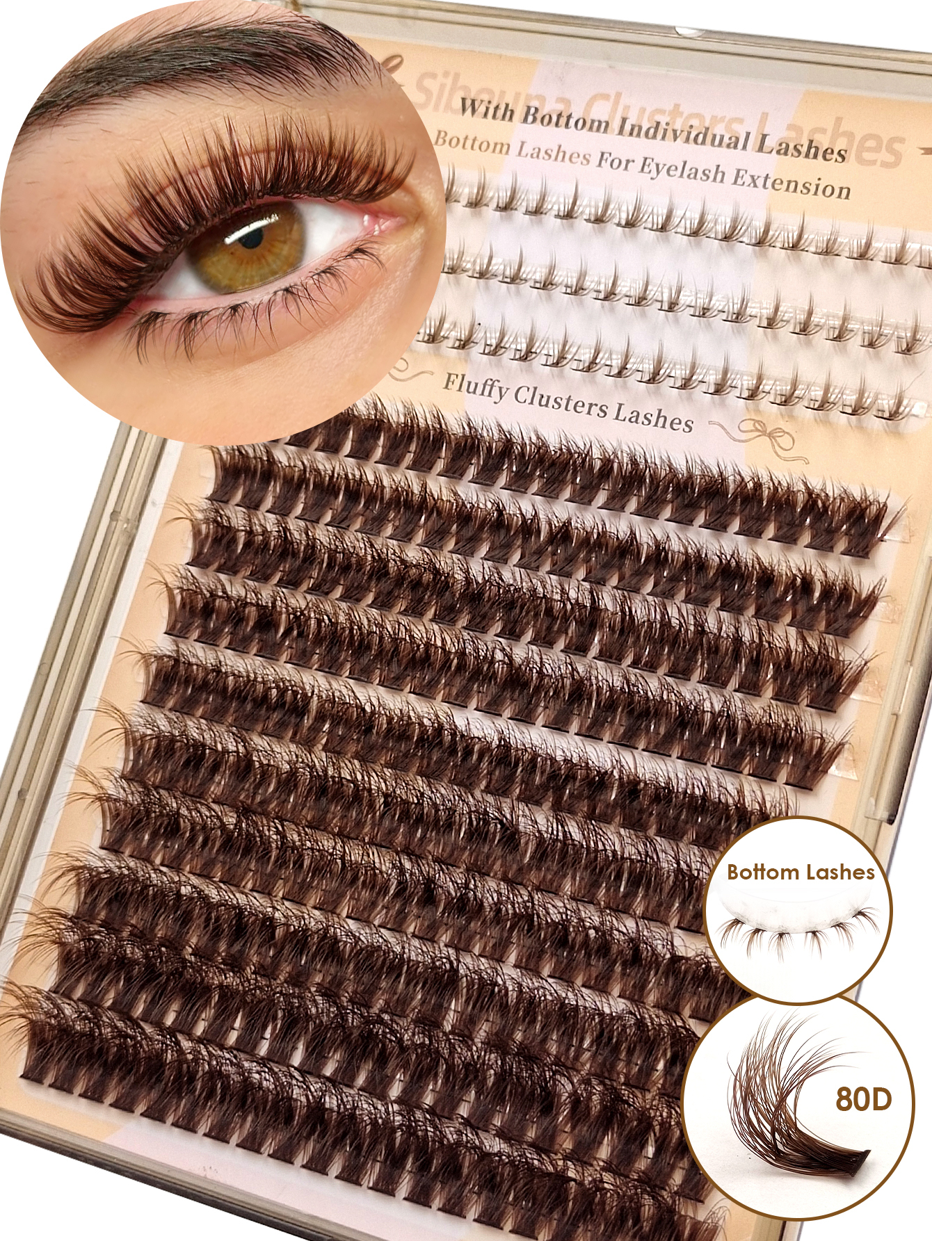 Sibeuna 260pcs 80D Brown Fluffy Cluster Lash Extensions With Brown Individual Bottom Lashes C/D Mix DIY Segmented Volume False Eyelashes For Natural Soft Eye Makeup Brown Eyelash