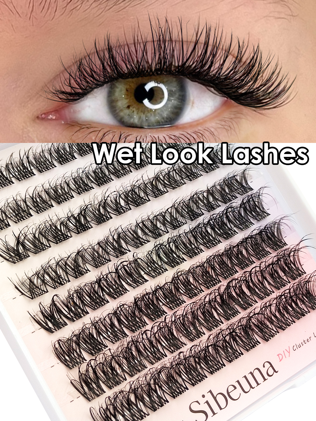 Sibeuna 96pcs Wet Look Cluster Eyelash Extensions Messy Wet Effect Wispy Fluffy Individual Lashes D Curl Fake Eyelashes Manga Lashes Effect For Beginners and Travelers Daily Eye Makeup Wet Lashes