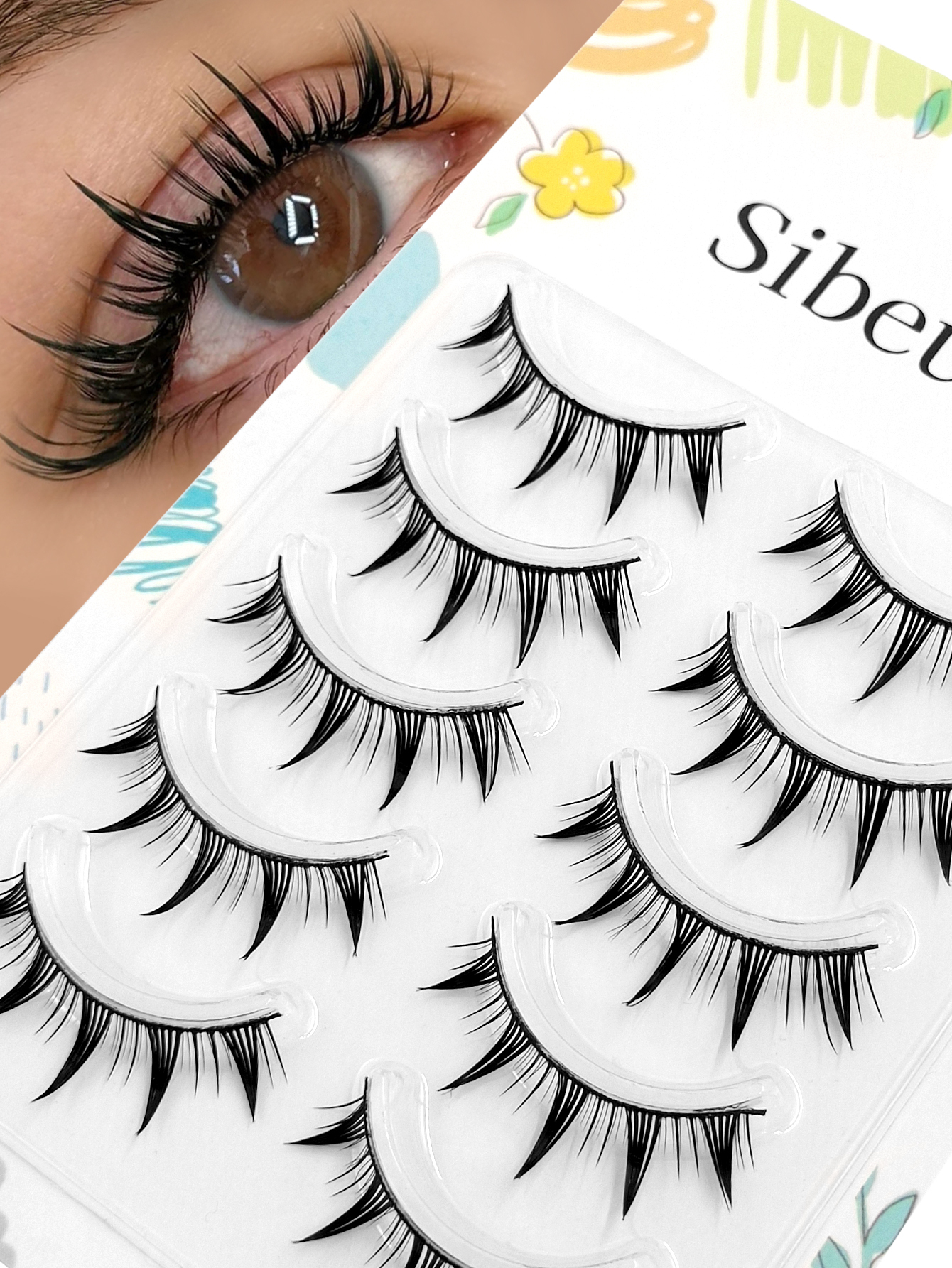 Sibeuna 5 Pairs Fox Eye False Eyelashes Wispy Spiky Manga Lashes Natural Cat Eye Winged End Faux Mink Lashes Dramatic End Lengthened Fake Eyelashes For Daily Cosplay Makeup