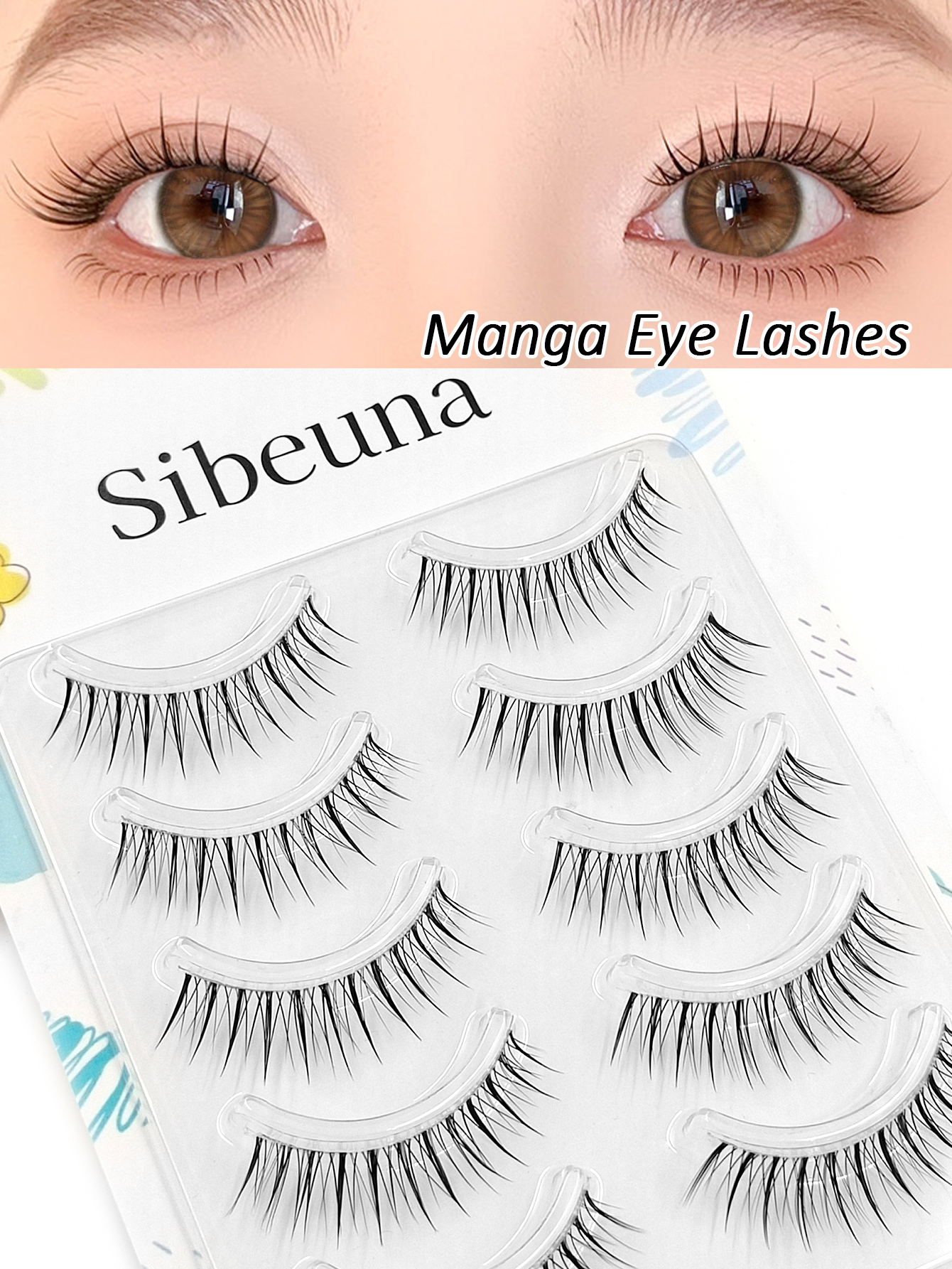 Sibeuna 5 Pairs Beginner-Friendly Manga Eye Lashes, Natural Look Spiky Anime Strip Lashes with Soft Clear Band for Daily & Cosplay
