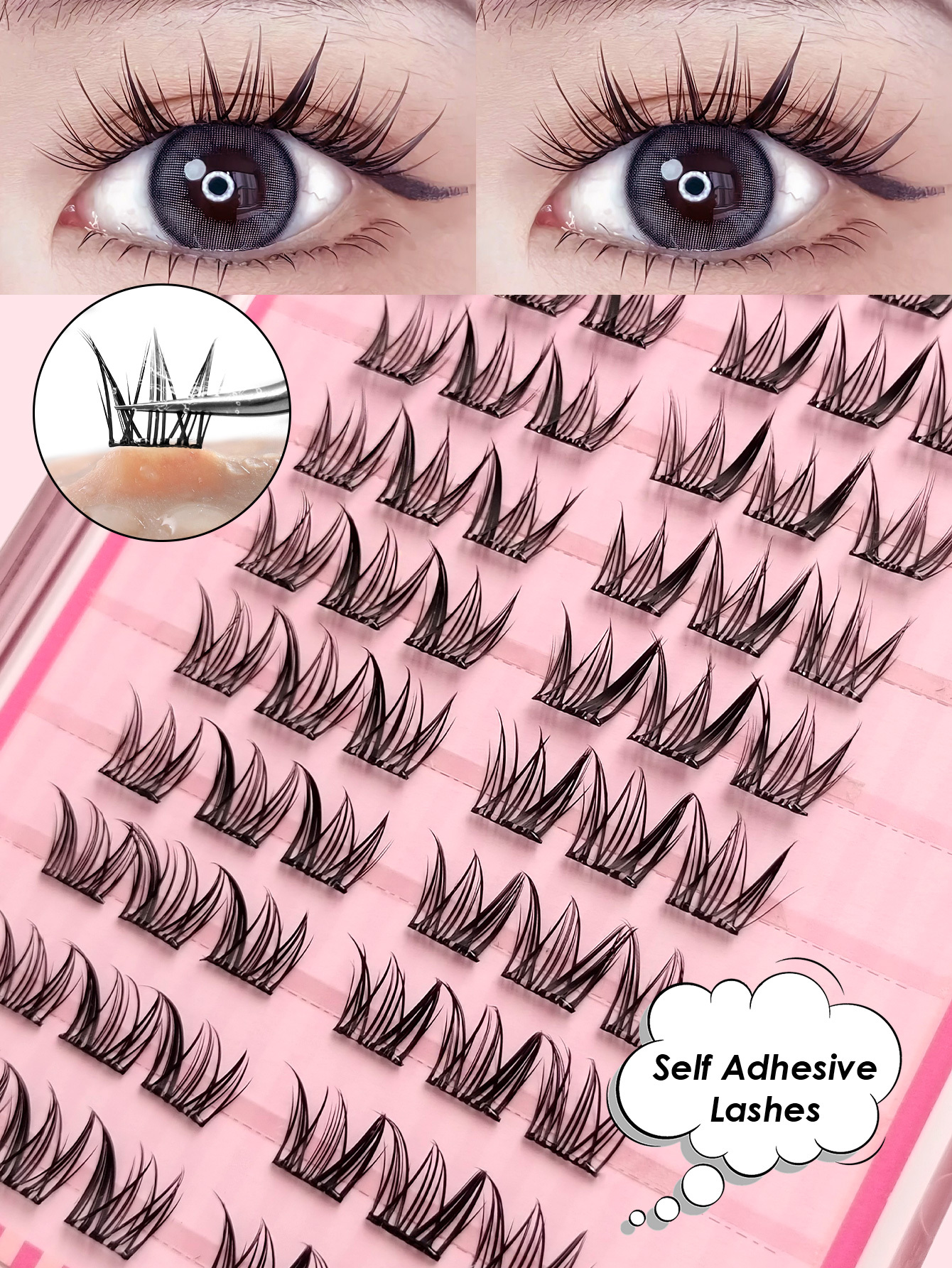 Sibeuna 60Pcs Self Adhesive Eyelash Manga Lashes Effect ,Wear No-Glue Needed Eyelash Pre Glued Lashes Eyelash Extension , C Curl Eyelash Natural Wispy Suitable for Daily Beginner Wear