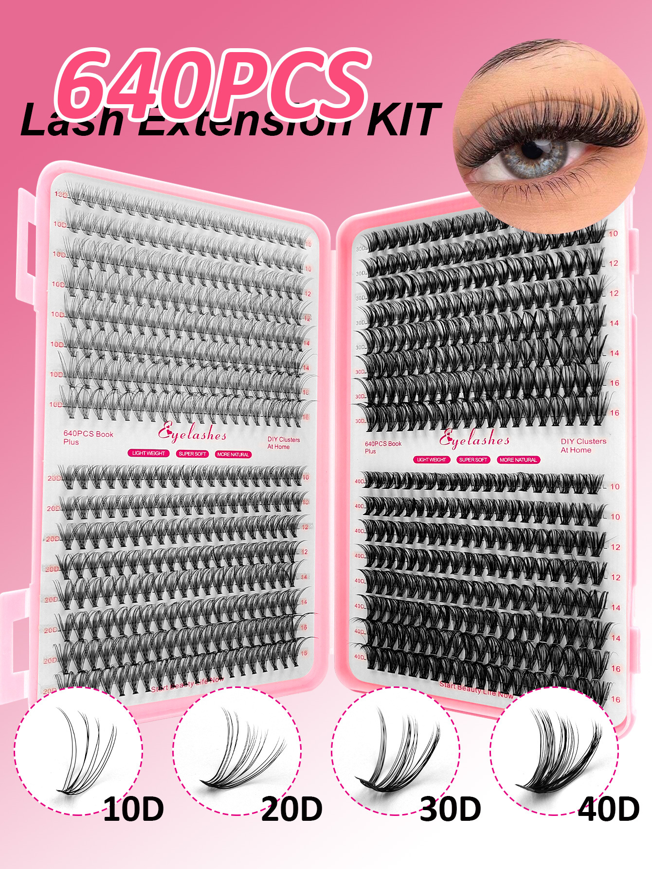 Sibeuna 640 Cluster Individual Eyelash Book D Volume 10D+20D+30D+40D 10-16mm Mixed Length Cluster Eyelash Lengthening Thickening Fluffing Eyelash Beginners DIY Eyelash At Home Self Wearing Segmented Eyelash Wispy Eyelash Bundle Eyelashes