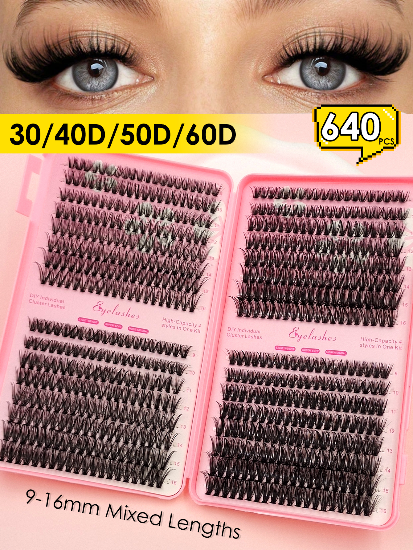 Sibeuna 640 Cluster Individual Eyelash Book D Curl 30D+40D+50D+60D 10-16mm Mixed Length Cluster Eyelash Lengthening Thickening Fluffing Eyelash Beginners DIY Eyelash At Home Self Wearing Segmented Eyelash Wispy Eyelash Bundle Eyelashes