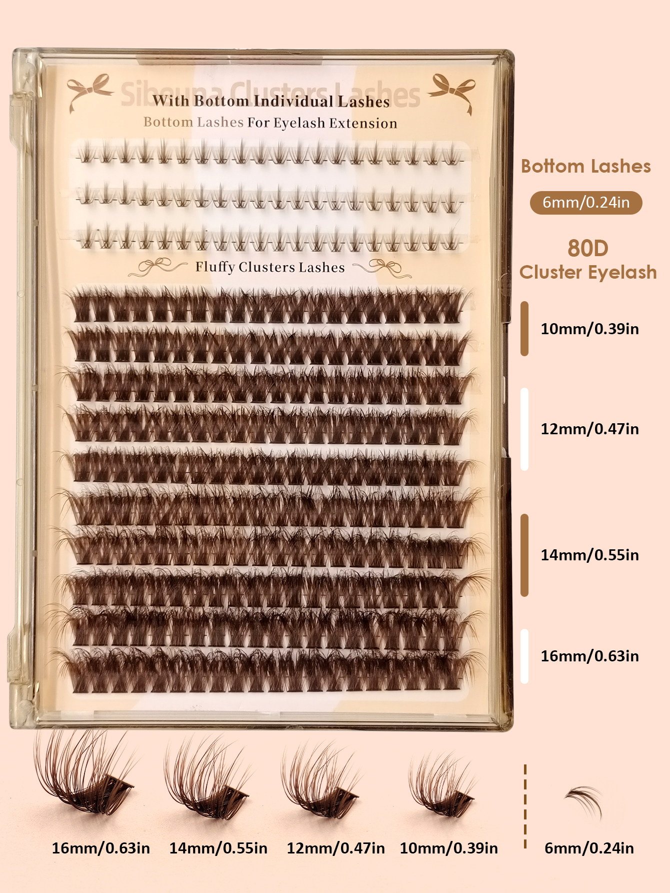 Sibeuna 260pcs 80D Brown Fluffy Cluster Lash Extensions With Brown Individual Bottom Lashes C/D Mix DIY Segmented Volume False Eyelashes For Natural Soft Eye Makeup Brown Eyelash