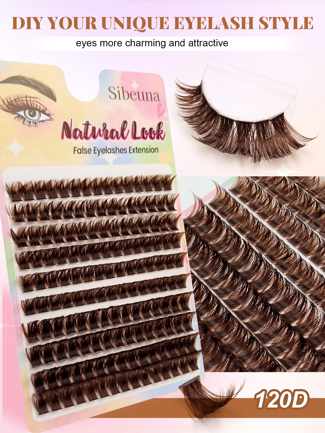 Sibeuna 150pcs 120D D Curl Thick Brown Cluster Lashes DIY Individual Eyelash 9-16mm Mixed Length Fluffy Curly False Eyelashes Natural Brown Lashes Extensions
