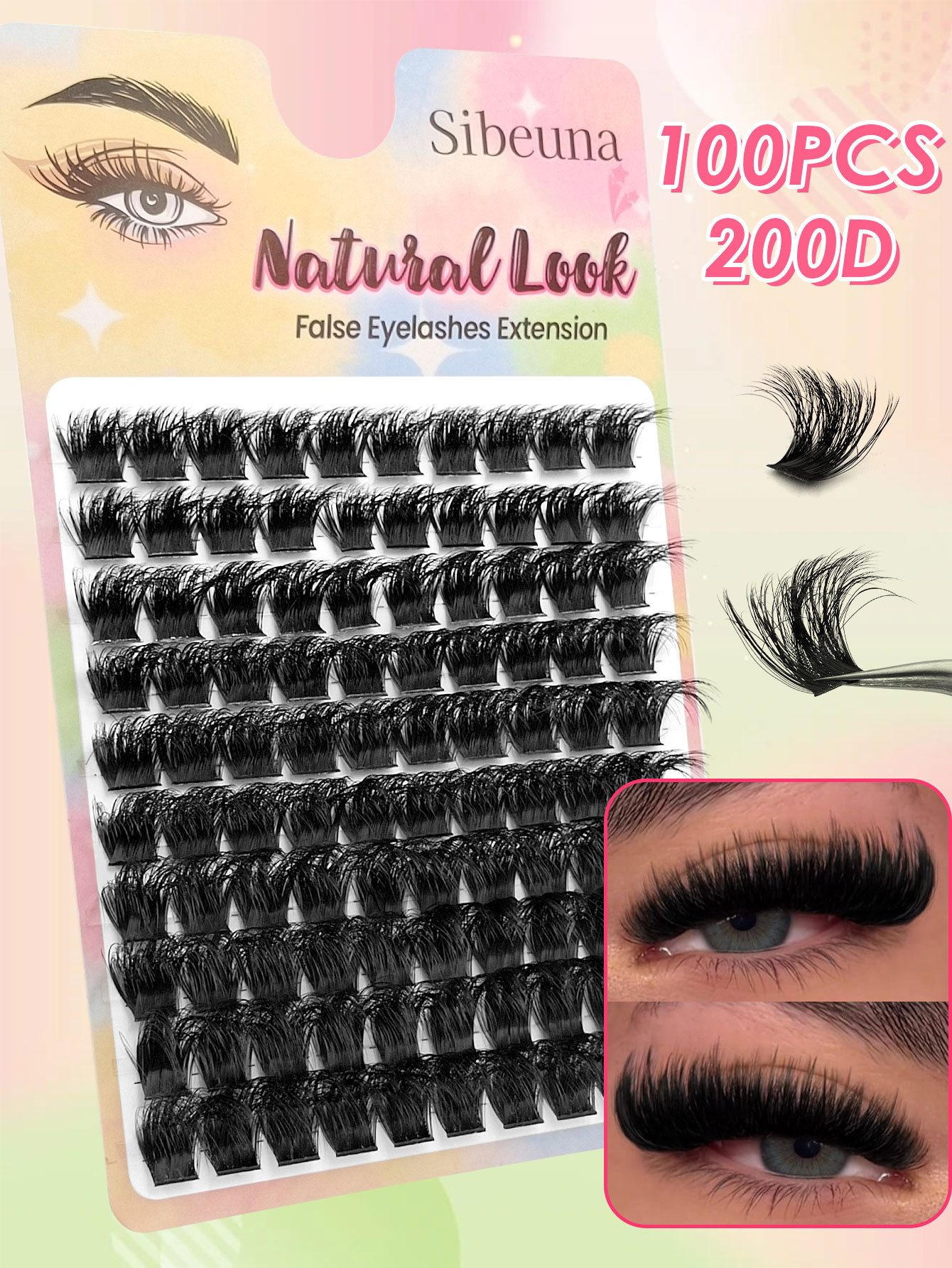 Sibeuna 100pcs 200D Fluffy Lash Clusters, Thick Dramatic Volume D Curl Eyelash Extensions, Dense Lashes Cluterss for Home Lash Extension