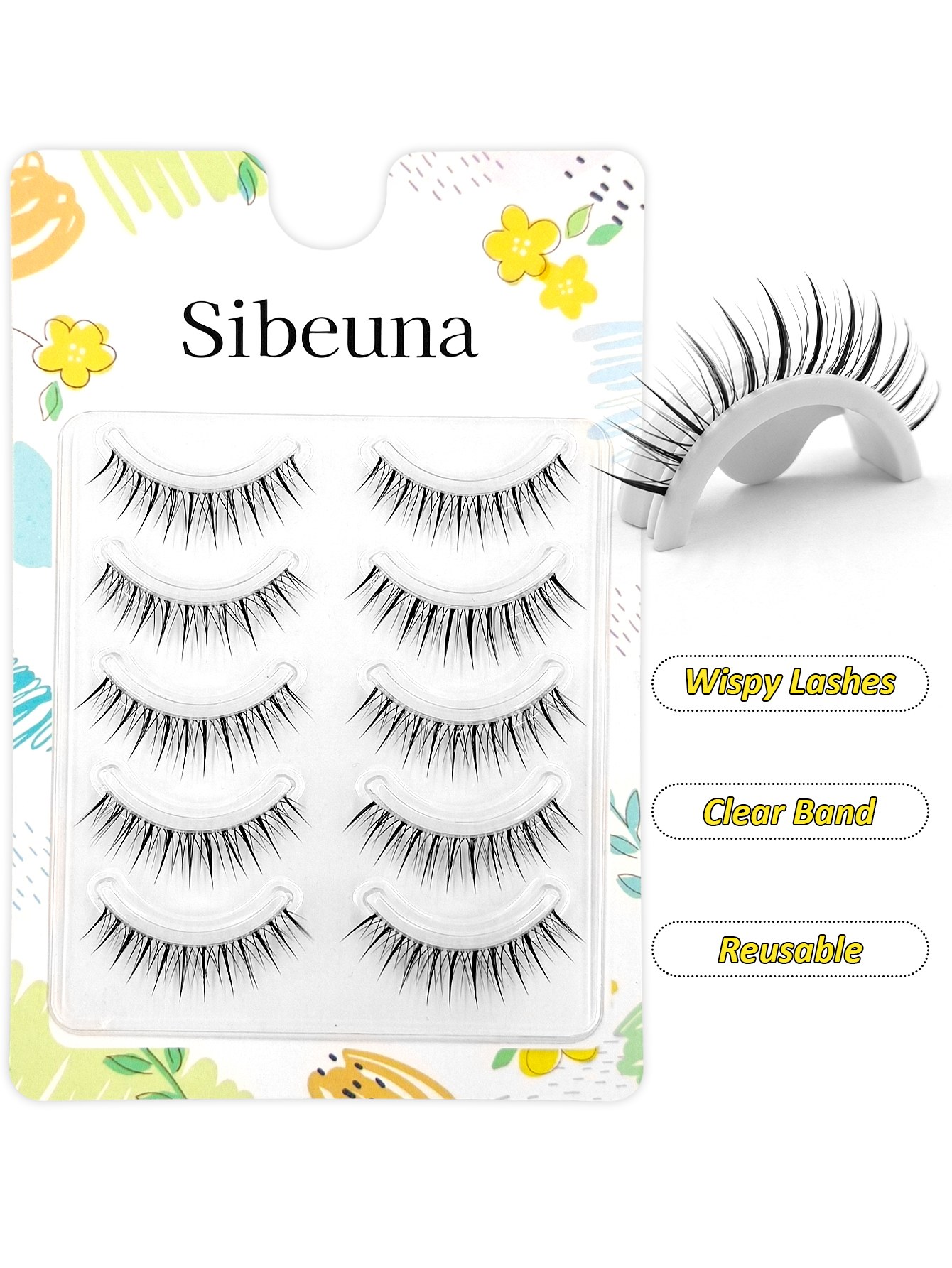 Sibeuna 5 Pairs Beginner-Friendly Manga Eye Lashes, Natural Look Spiky Anime Strip Lashes with Soft Clear Band for Daily & Cosplay