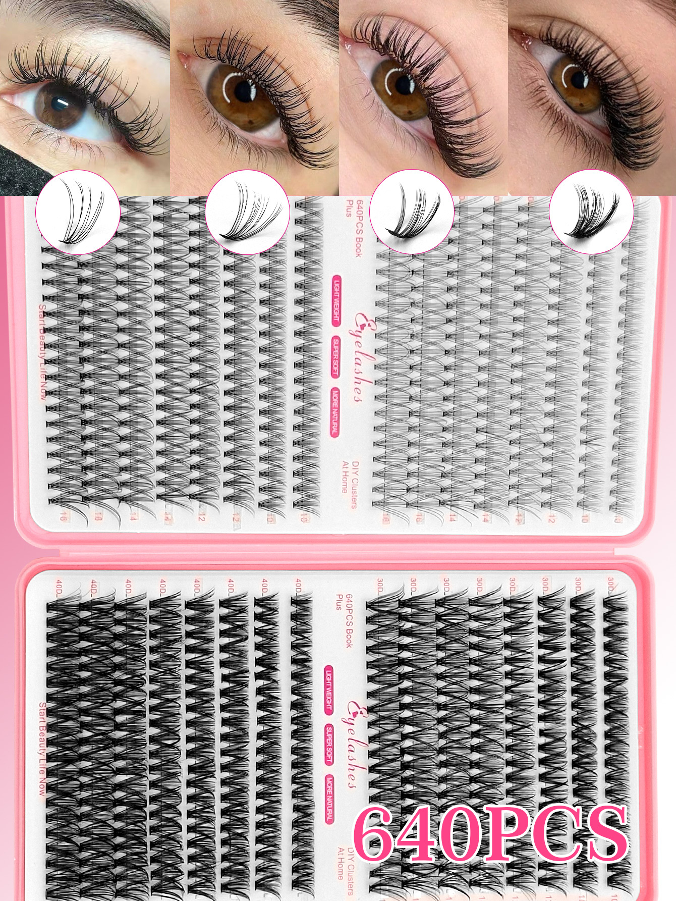 Sibeuna 640 Cluster Individual Eyelash Book D Volume 10D+20D+30D+40D 10-16mm Mixed Length Cluster Eyelash Lengthening Thickening Fluffing Eyelash Beginners DIY Eyelash At Home Self Wearing Segmented Eyelash Wispy Eyelash Bundle Eyelashes
