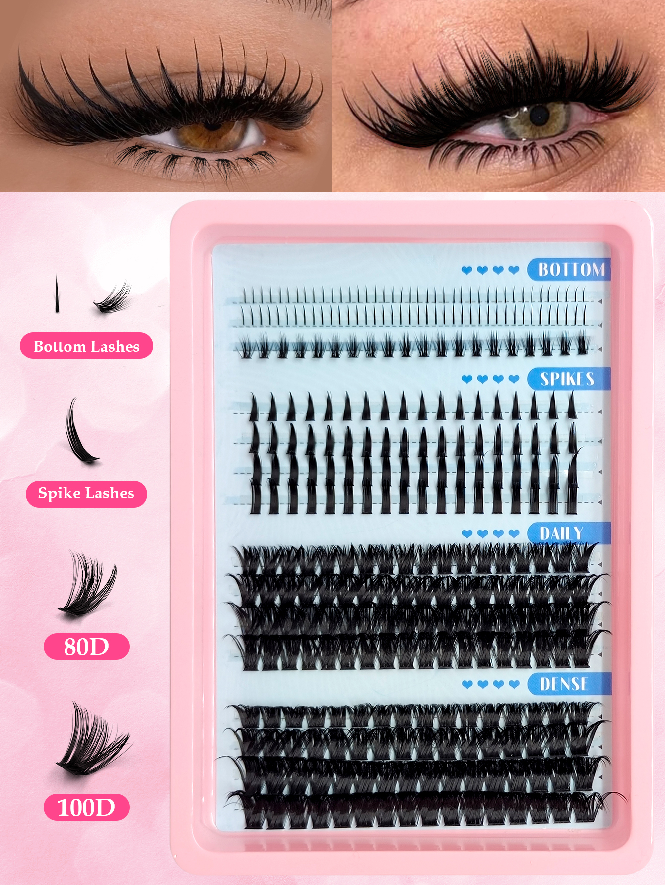 Sibeuna 15 Rows 308pcs Mixed False Eyelashes, C/D Curl Individual Cluster Lashes,Lashes With Spikes and Bottoms ,Manga Lashes Enlarged Eye Effect Suitable For Daily Wear