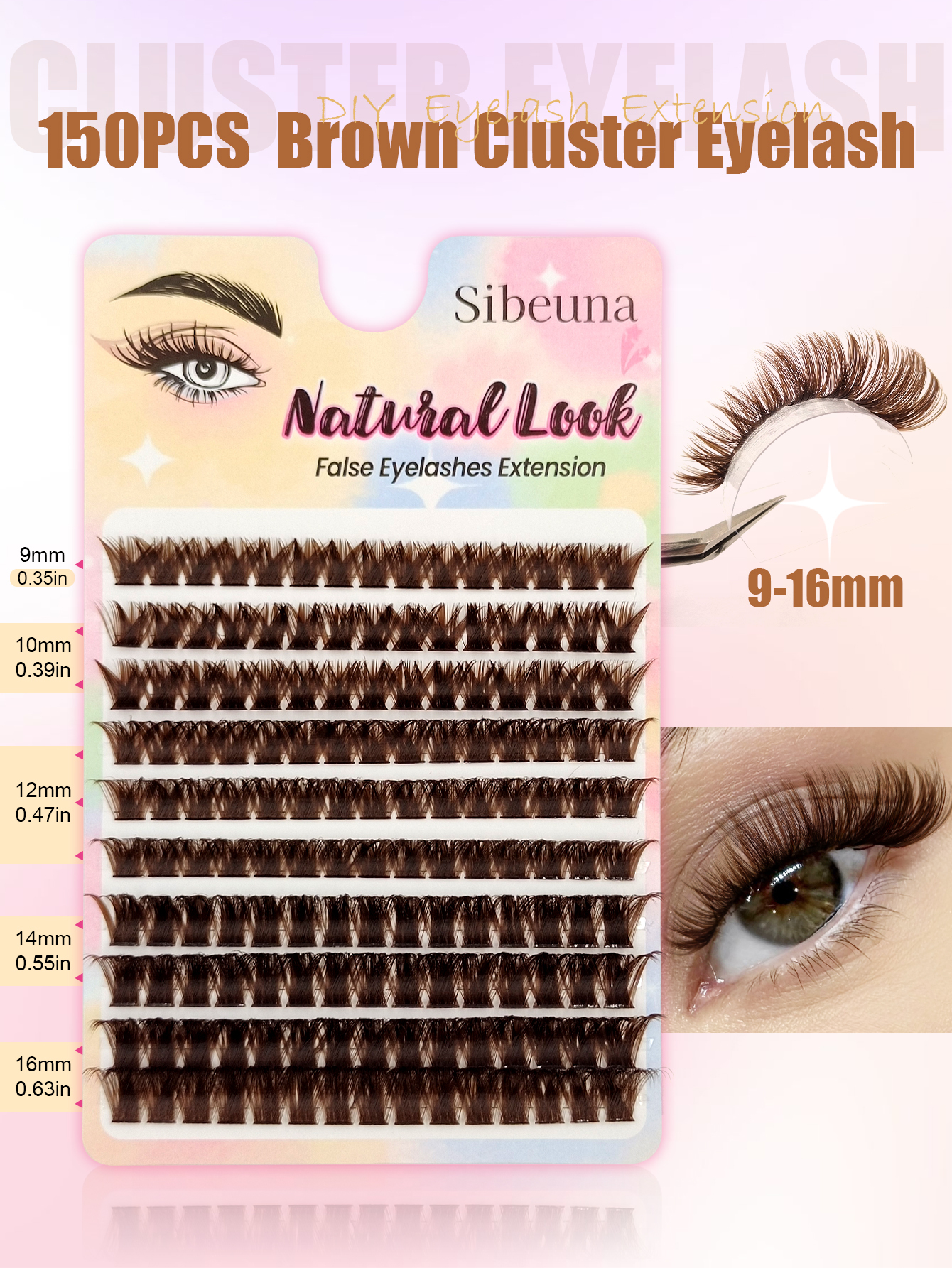 Sibeuna 150pcs 120D D Curl Thick Brown Cluster Lashes DIY Individual Eyelash 9-16mm Mixed Length Fluffy Curly False Eyelashes Natural Brown Lashes Extensions