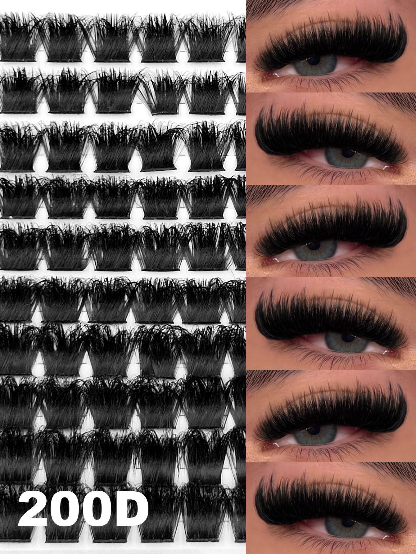 Sibeuna 100pcs 200D Fluffy Lash Clusters, Thick Dramatic Volume D Curl Eyelash Extensions, Dense Lashes Cluterss for Home Lash Extension