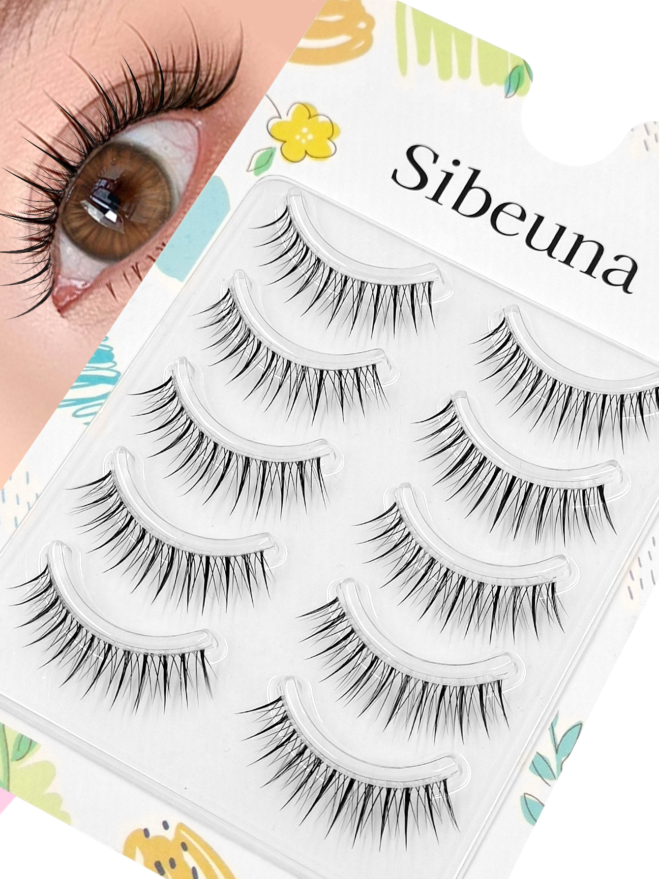 Sibeuna 5 Pairs Beginner-Friendly Manga Eye Lashes, Natural Look Spiky Anime Strip Lashes with Soft Clear Band for Daily & Cosplay