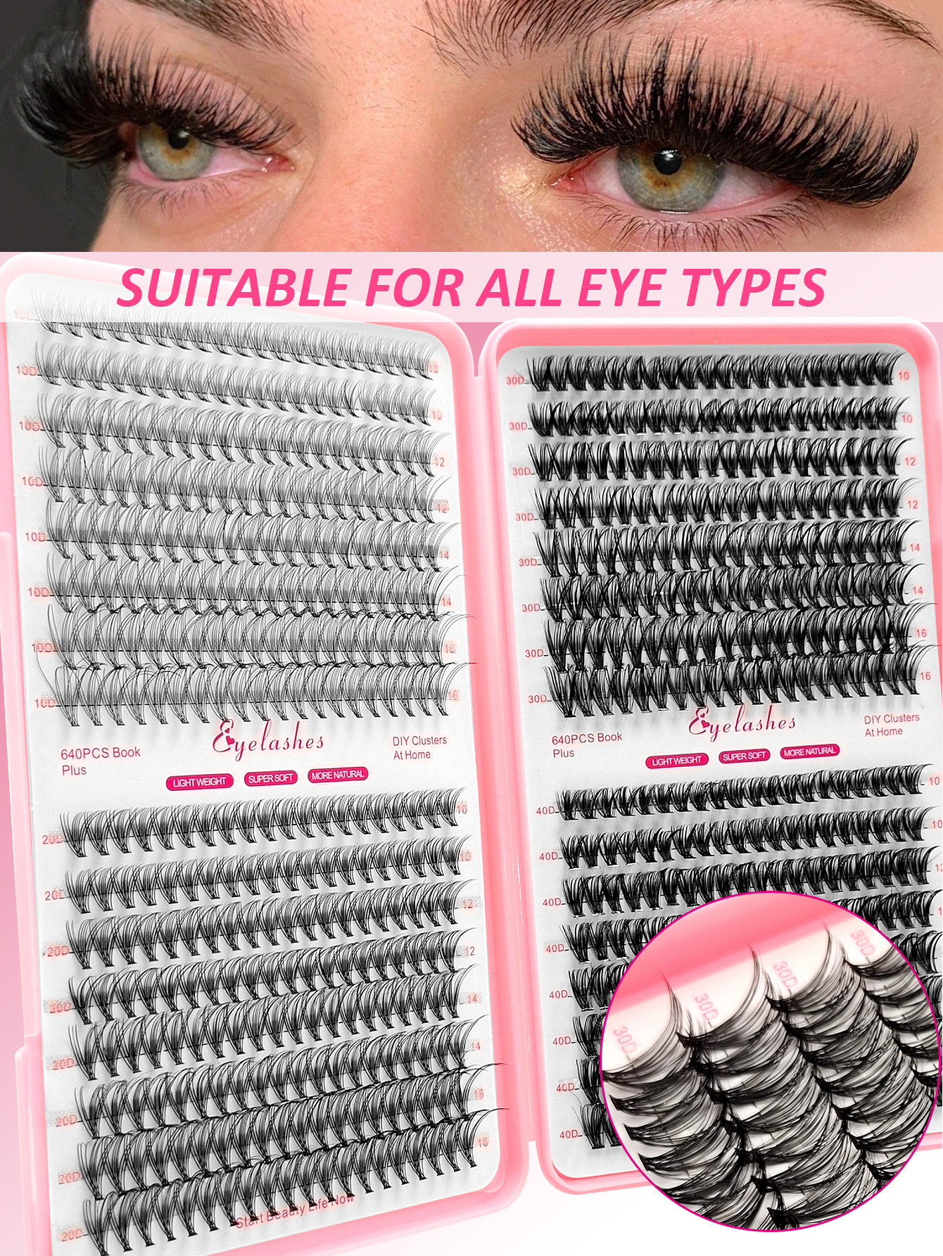 Sibeuna 640 Cluster Individual Eyelash Book D Volume 10D+20D+30D+40D 10-16mm Mixed Length Cluster Eyelash Lengthening Thickening Fluffing Eyelash Beginners DIY Eyelash At Home Self Wearing Segmented Eyelash Wispy Eyelash Bundle Eyelashes
