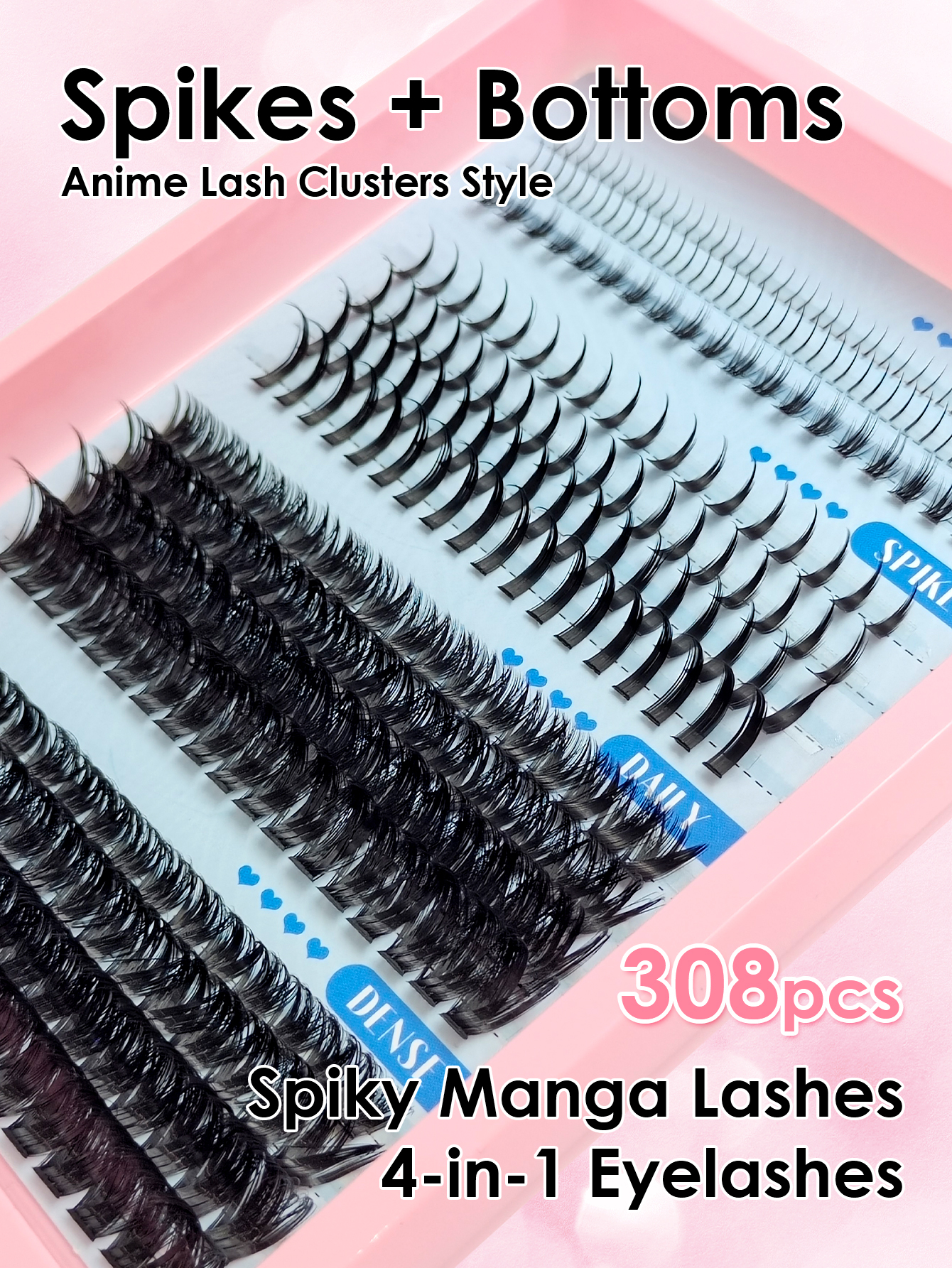 Sibeuna 15 Rows 308pcs Mixed False Eyelashes, C/D Curl Individual Cluster Lashes,Lashes With Spikes and Bottoms ,Manga Lashes Enlarged Eye Effect Suitable For Daily Wear