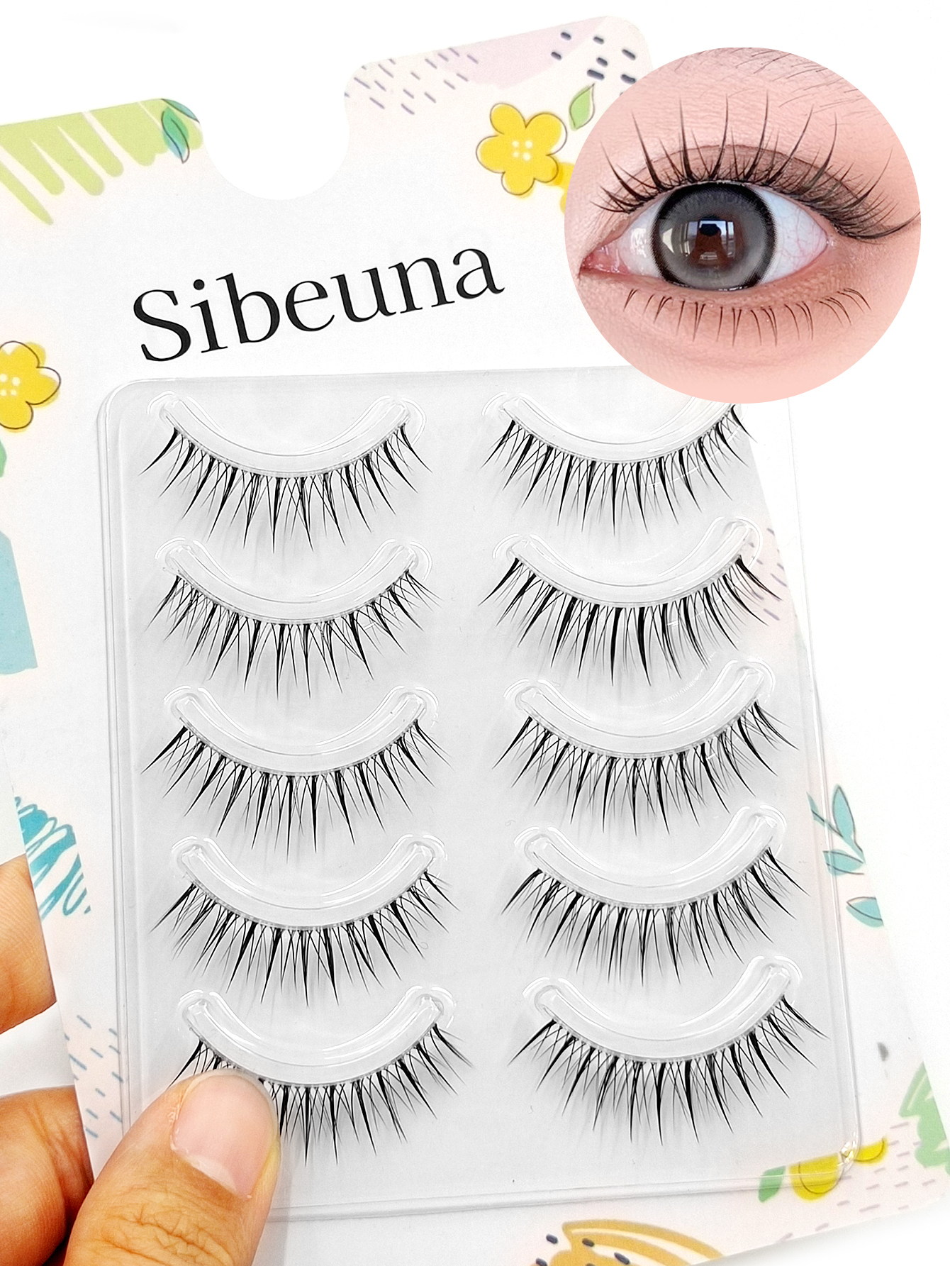 Sibeuna 5 Pairs Beginner-Friendly Manga Eye Lashes, Natural Look Spiky Anime Strip Lashes with Soft Clear Band for Daily & Cosplay