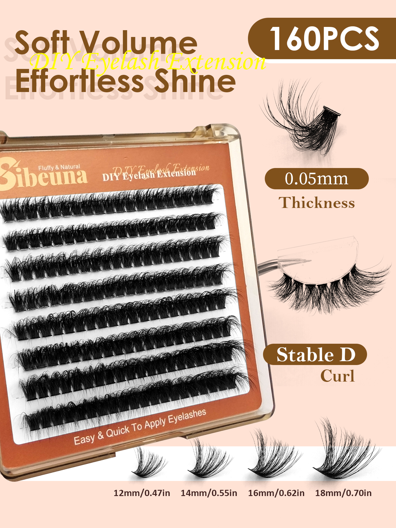 Sibeuna 160pcs Fluffy 80D 0.05mm Thin Soft Cluster Lashes Extensions ,12-18mm D Curl Individual False Eyelashes Thick Eyelash Effect Lightweight , DIY At Home Self Application Eyelash Extensions