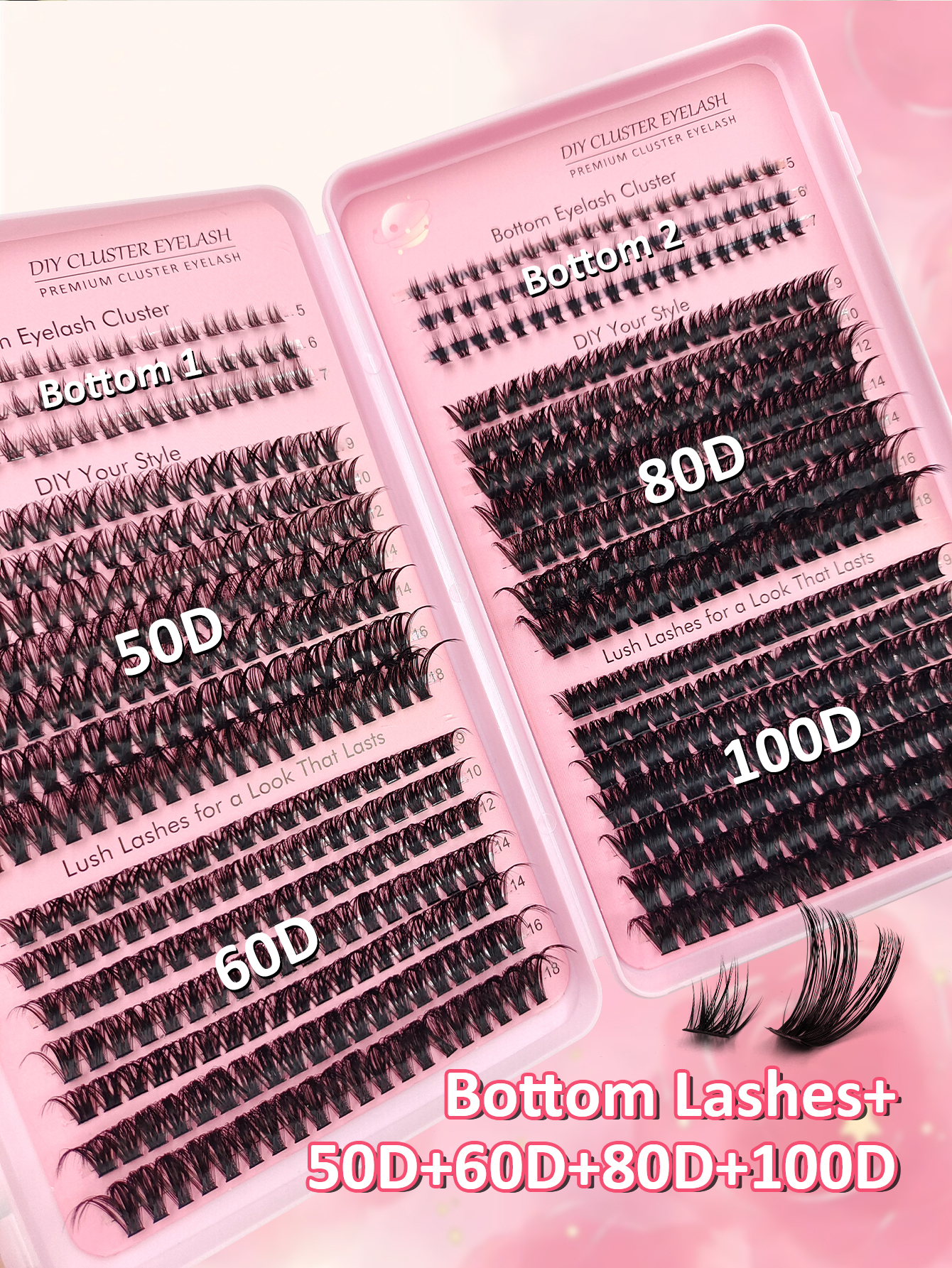 Sibeuna 680pcs Large Capacity Bottom Lashes+50D+60D+80D+100D Cluster Eyelash Book Wispy Thick Eyelash Extension D Curl Fluffy Fake Eyelashes