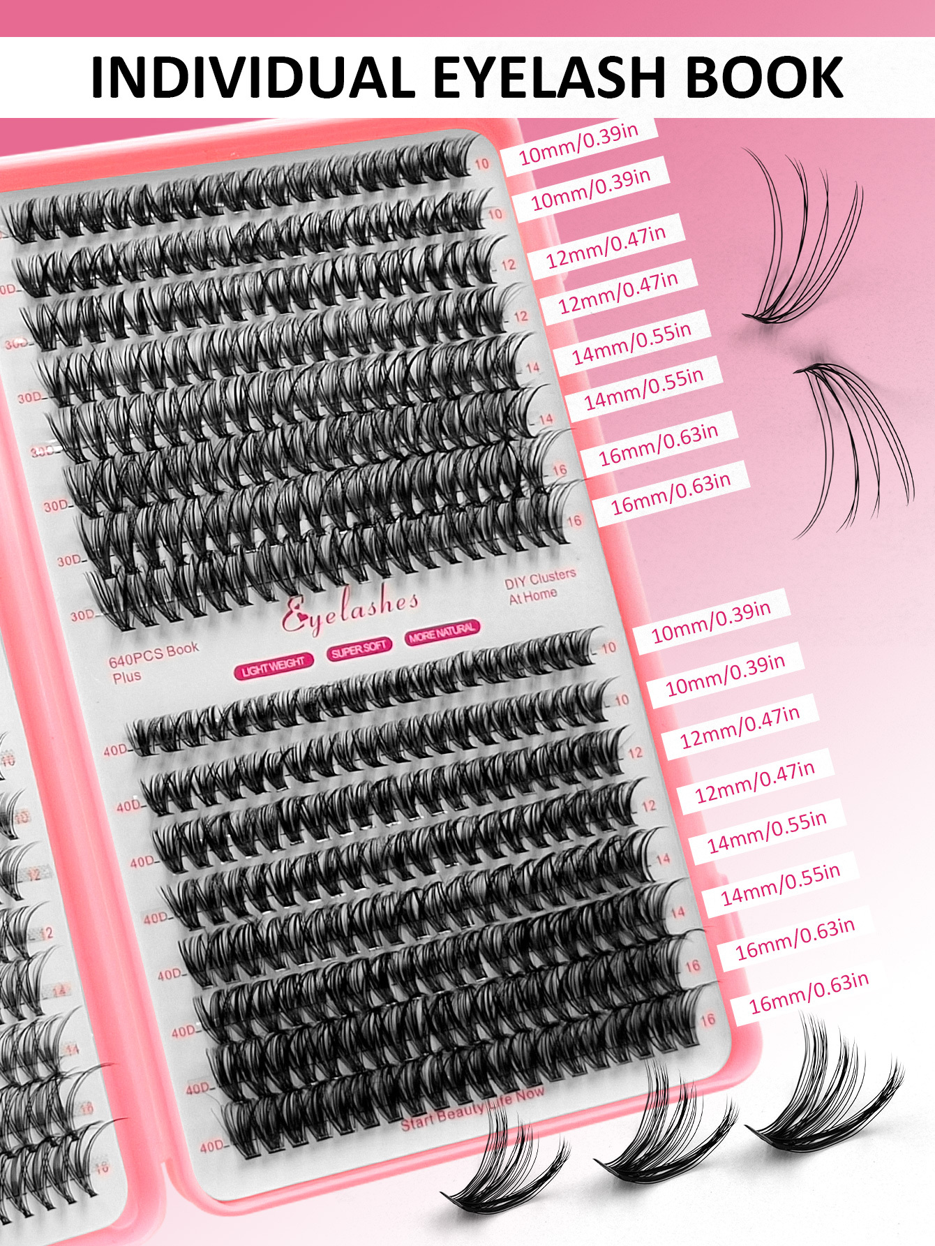Sibeuna 640 Cluster Individual Eyelash Book D Volume 10D+20D+30D+40D 10-16mm Mixed Length Cluster Eyelash Lengthening Thickening Fluffing Eyelash Beginners DIY Eyelash At Home Self Wearing Segmented Eyelash Wispy Eyelash Bundle Eyelashes
