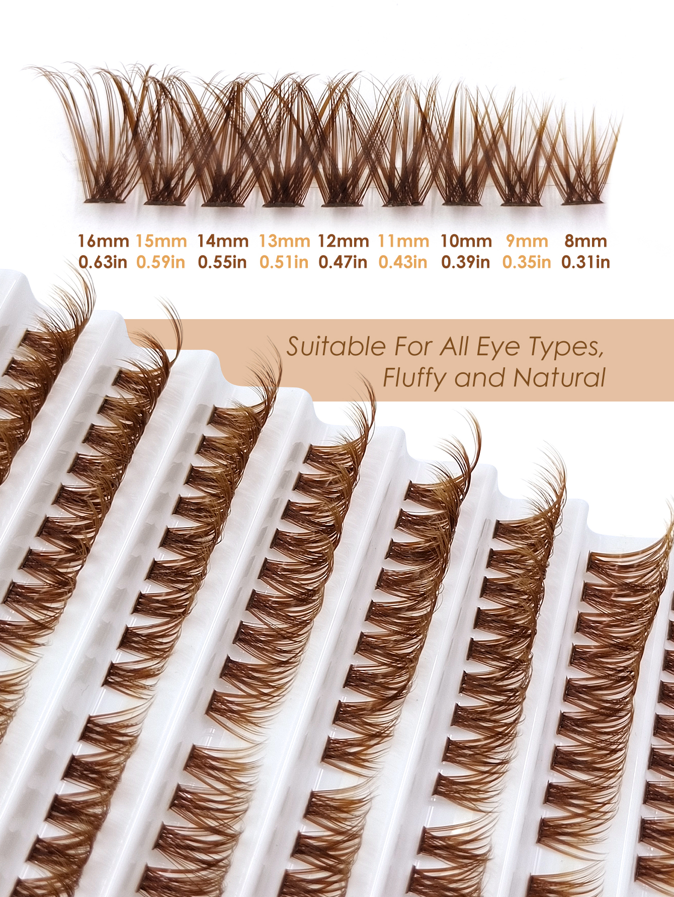 Sibeuna 180pcs Brown Cluster Eyelash D Curl 60D Brown Lashes 8-16mm Increasing Length Individual Lashes Natural Look Winged Lashes Enlarge Your Eyes, Suitable for Daily Wear