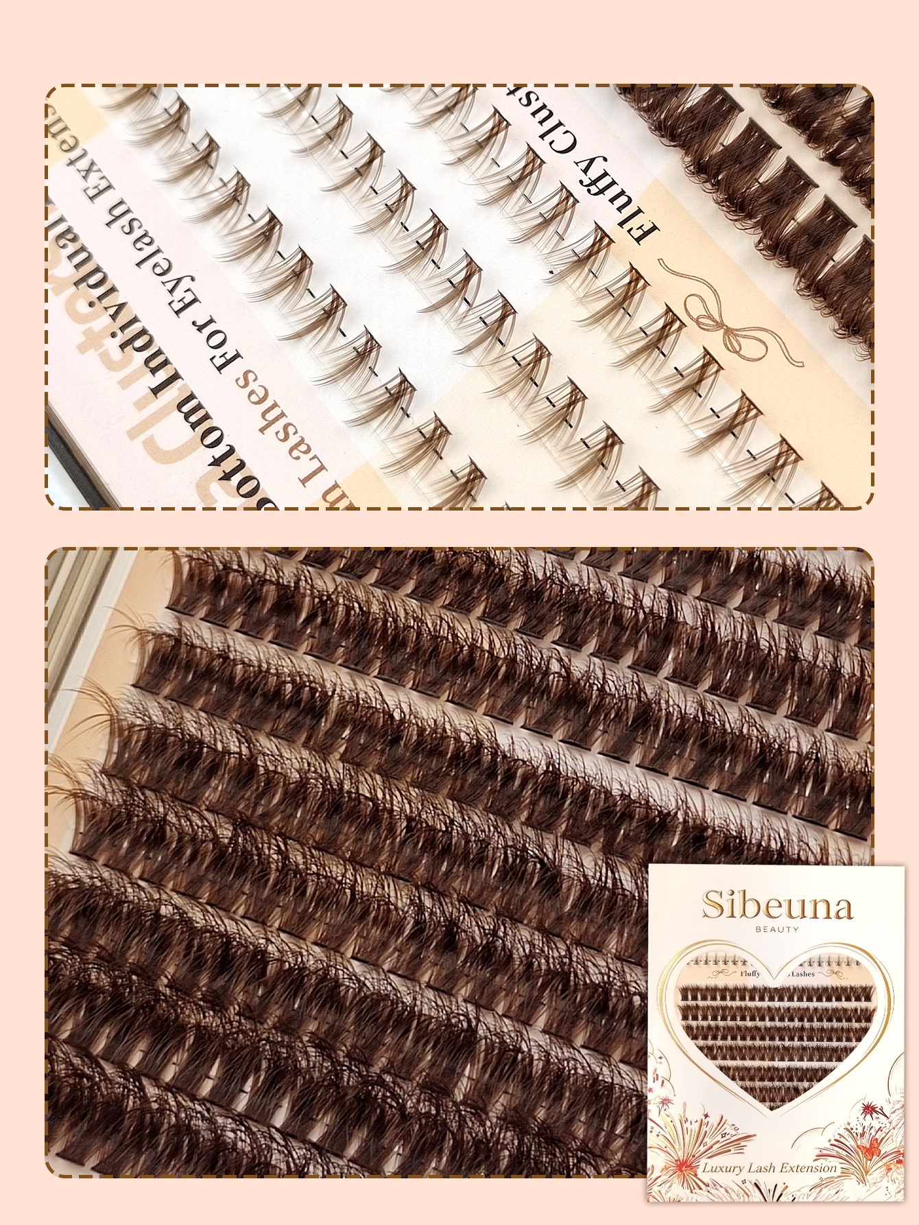 Sibeuna 260pcs 80D Brown Fluffy Cluster Lash Extensions With Brown Individual Bottom Lashes C/D Mix DIY Segmented Volume False Eyelashes For Natural Soft Eye Makeup Brown Eyelash