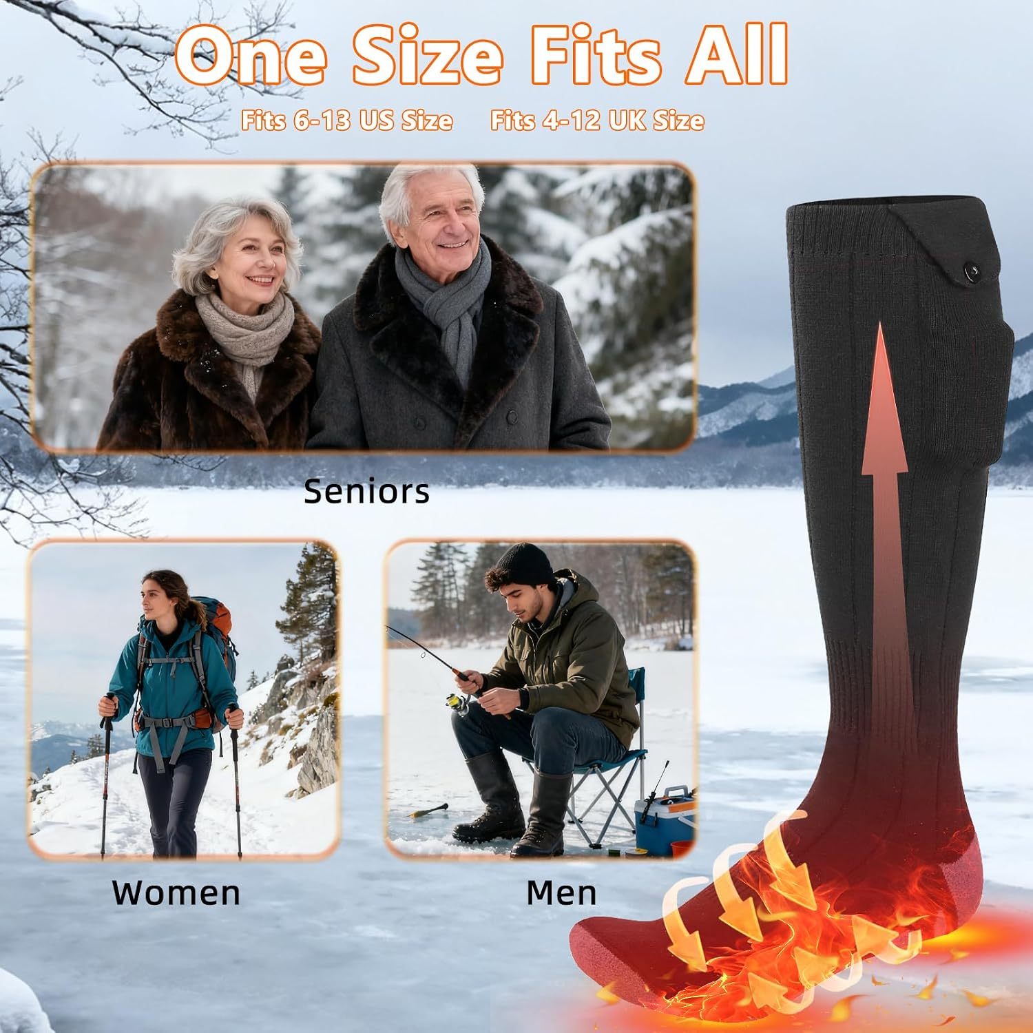 Heated Socks for Men Women,Ferdiiz 7500mAh Rechargeable Battery Winter Warmers with 4 Heat Levels,Full Foot Electric Heating Socks for Skiing, Hiking,Cycling | Machine Washable Cold Foot Warmer