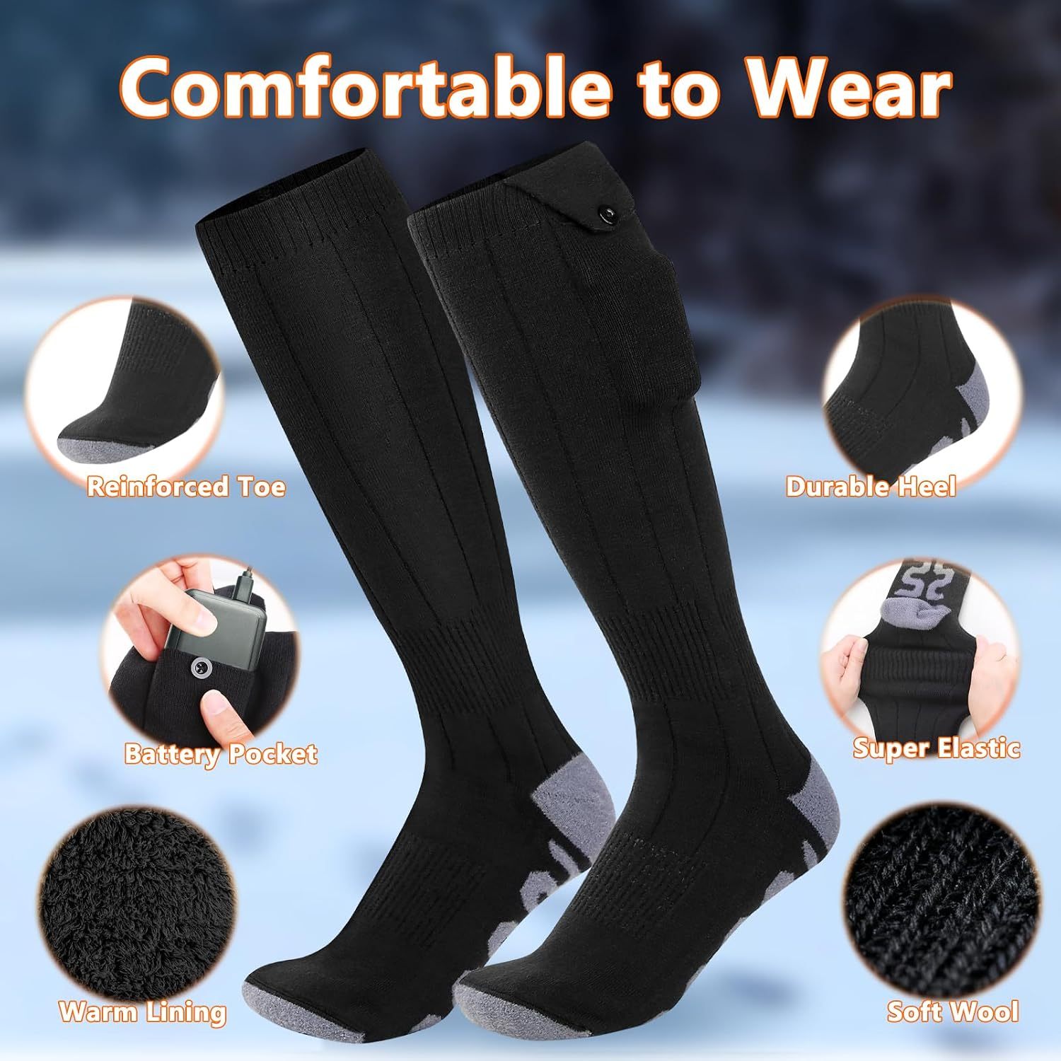 Heated Socks for Men Women,Ferdiiz 7500mAh Rechargeable Battery Winter Warmers with 4 Heat Levels,Full Foot Electric Heating Socks for Skiing, Hiking,Cycling | Machine Washable Cold Foot Warmer