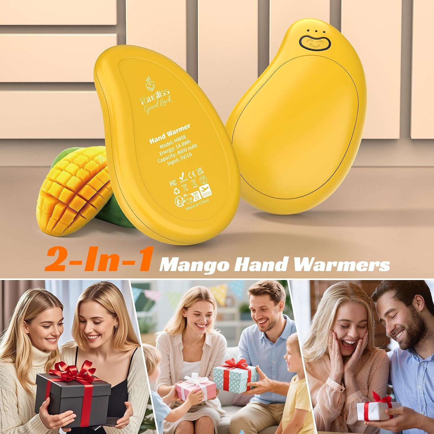 2-Pack Rechargeable Hand Warmers, FANDLISS USB Electric Magnetic Handwarmers with an 8000mAh High-Performance Battery and 3 Temperature Settings,Suitable for Outdoor, Skiing,Camping,Unisex