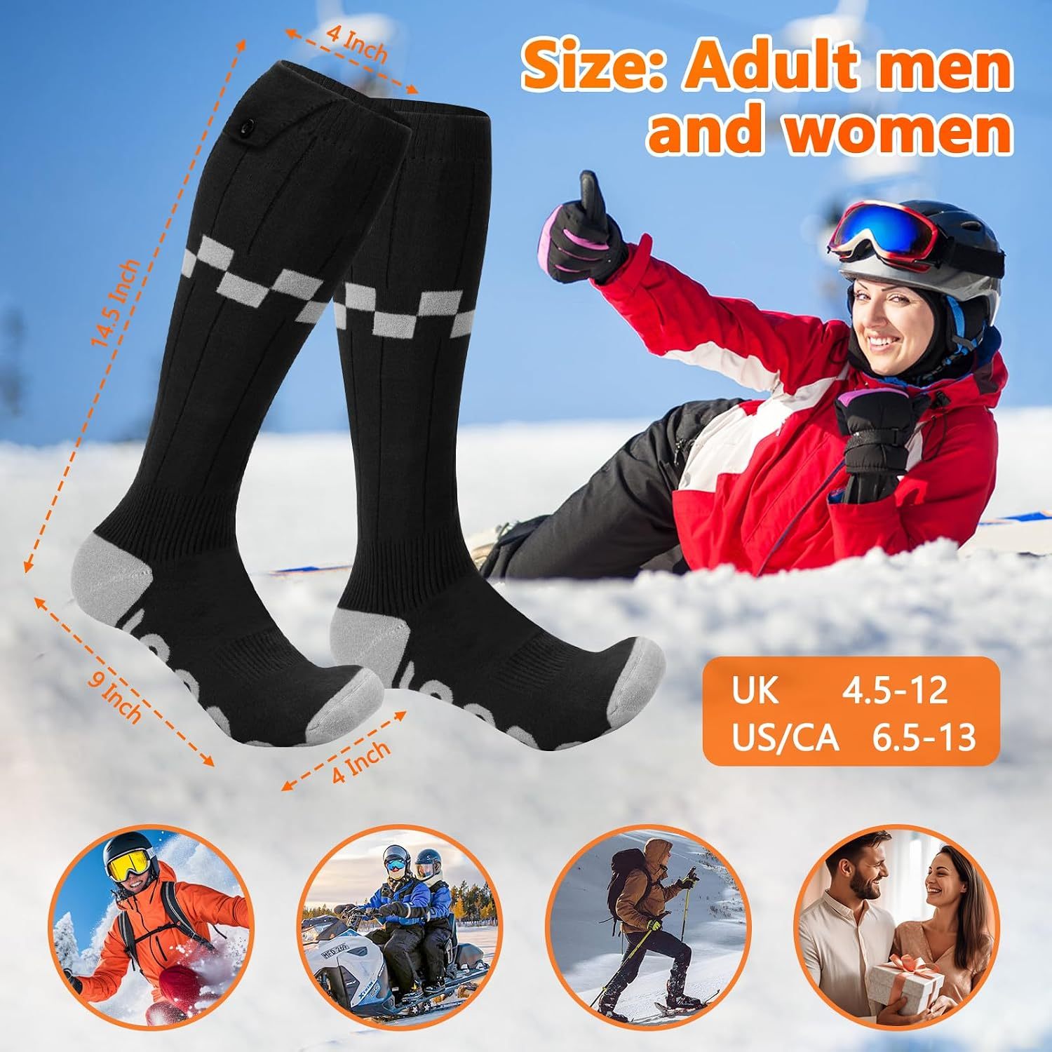 Heated Socks,iKuchelife Rechargeable 7500mAh Batteries Electric Socks,4 Temperature Adjustable Full Foot Winter Socks,Heated Socks for Men Suitable for Skiing Cycling Winter Foot Warmer Gifts