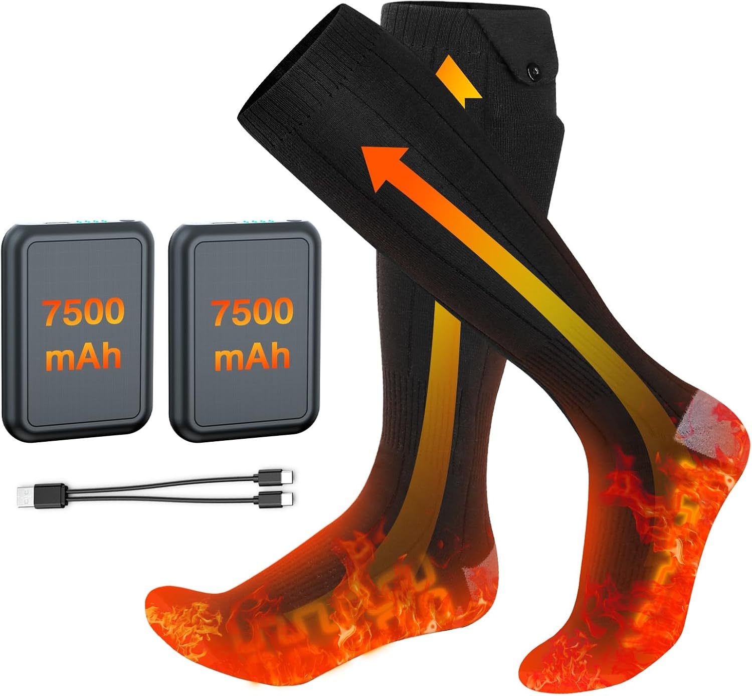 Heated Socks for Men Women,Ferdiiz 7500mAh Rechargeable Battery Winter Warmers with 4 Heat Levels,Full Foot Electric Heating Socks for Skiing, Hiking,Cycling | Machine Washable Cold Foot Warmer