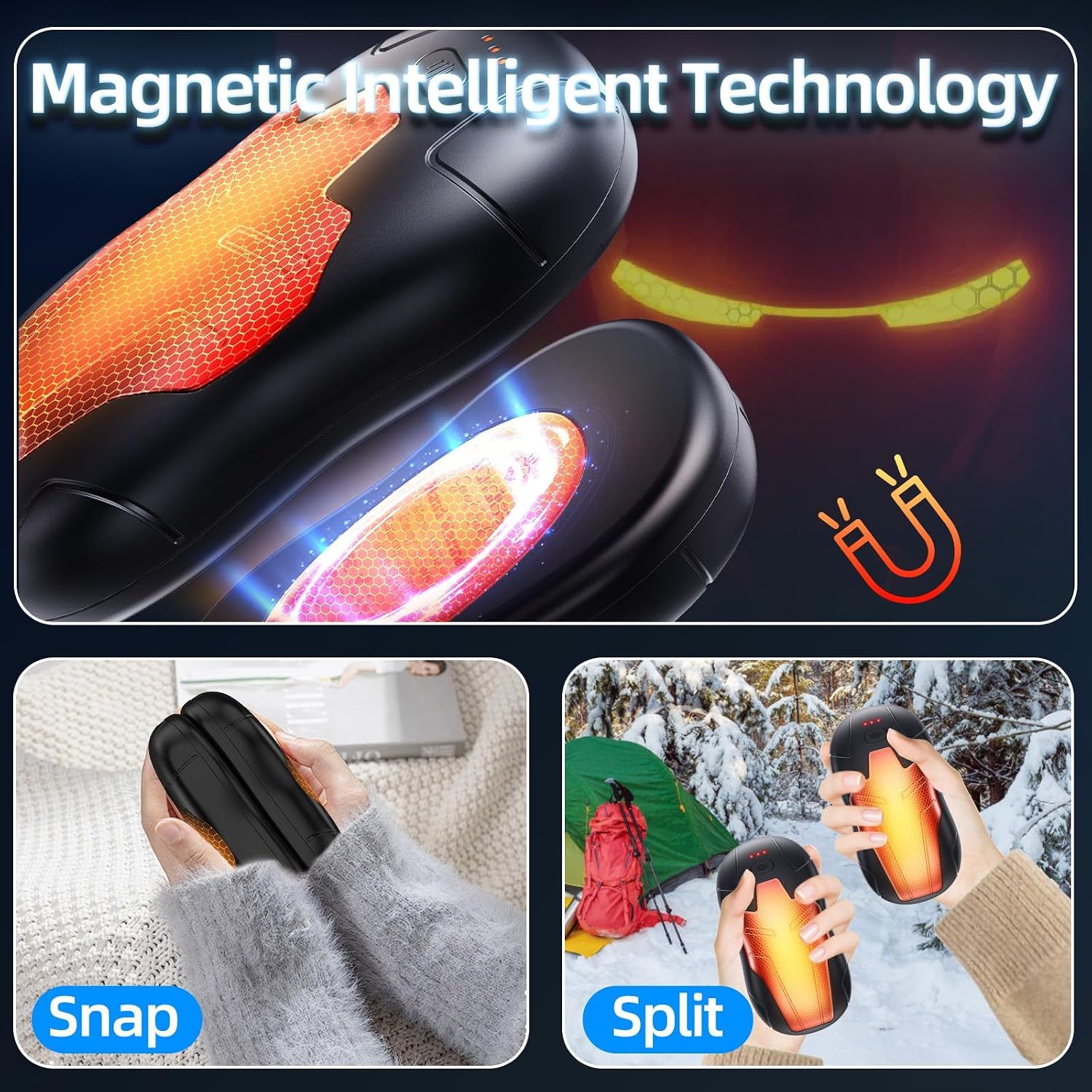 10000mAh Rechargeable Hand Warmer, Double-Sided Magnetic | Magnetic Dual Hand Warmers, fast double-sided heating. Fits gloves & pockets, ideal for commute, hiking, winter use & gifts