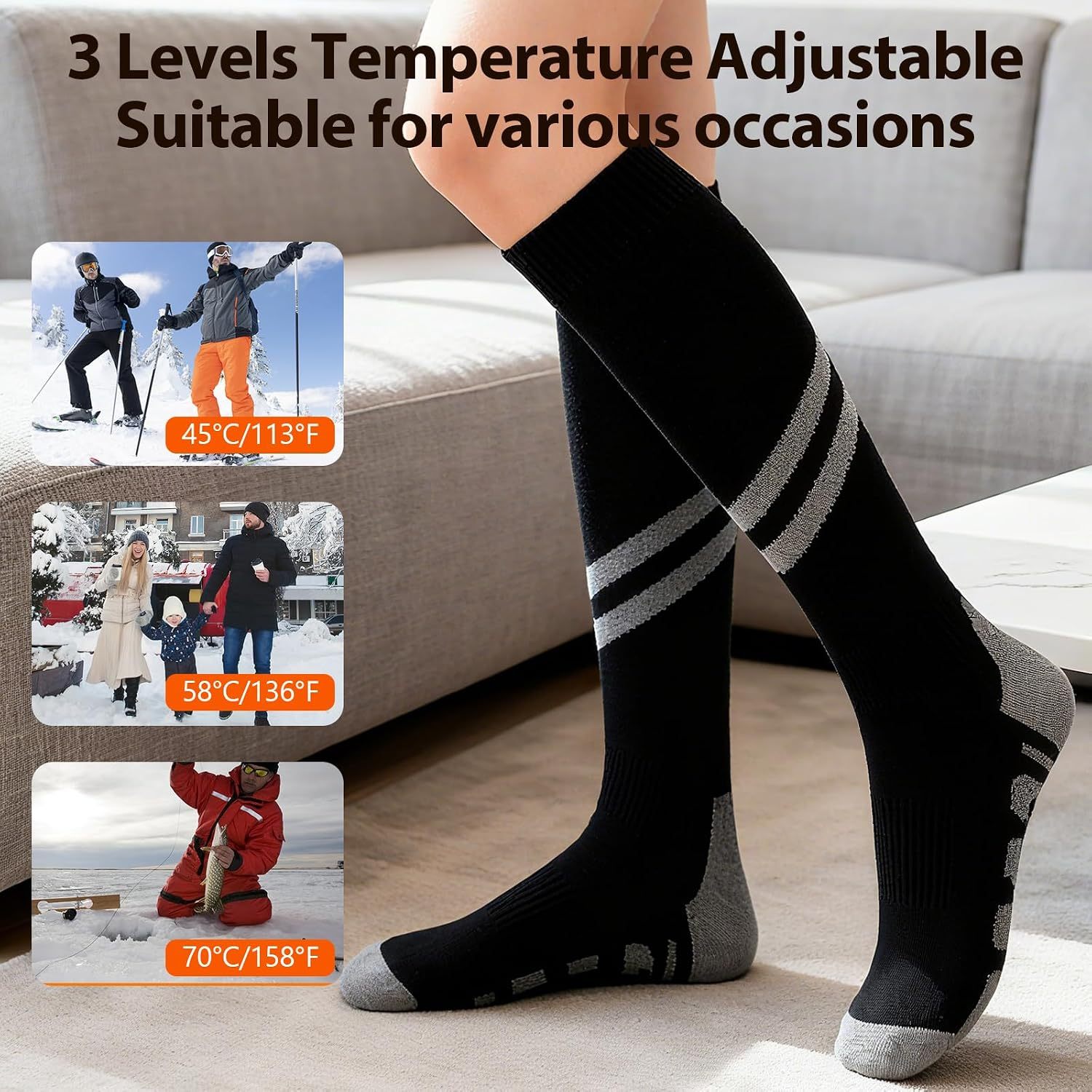 Rechargeable Heated Socks for Men & Women - 9000mAh Battery Winter Warmers with 3 Heat Levels | Full Foot Electric Heating for Skiing, Hiking, Cycling | Machine Washable Cold Weather Socks