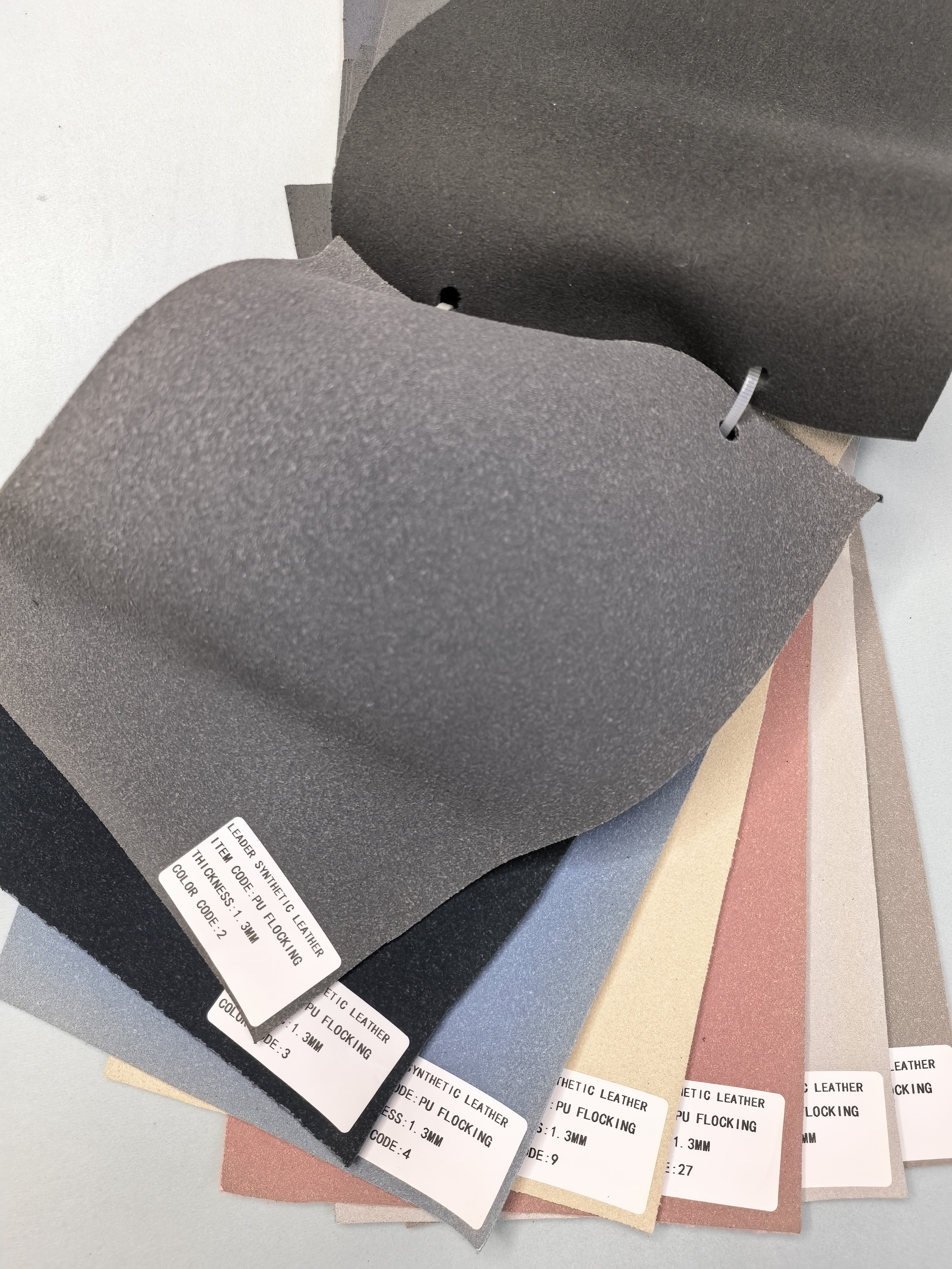 PU flocking Leather, cotton or pu coated backing, thickness from 1.0-1.6mm, very good for shoes upper/footwear