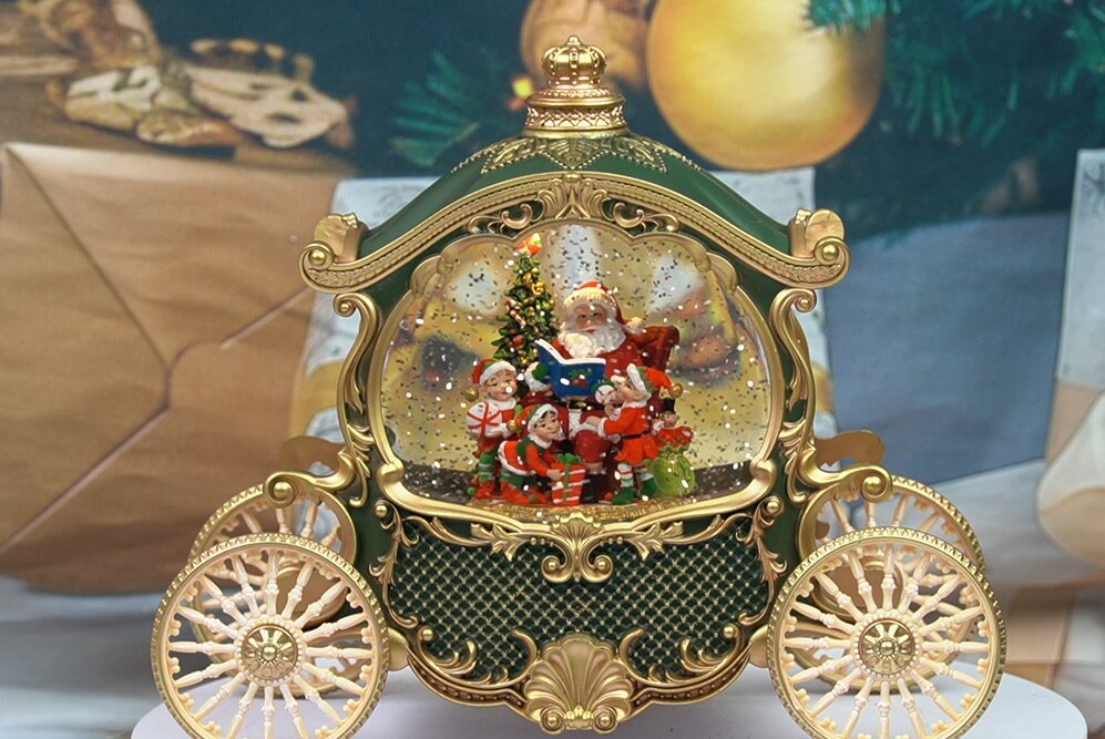 Green White Gold Princess Carriage Snow Globe  Lantern with Reading Santa