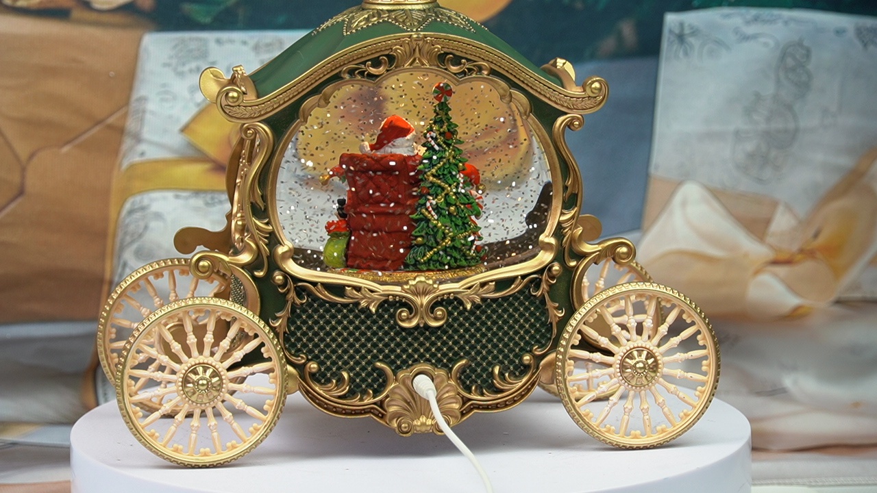 Green White Gold Princess Carriage Snow Globe  Lantern with Reading Santa
