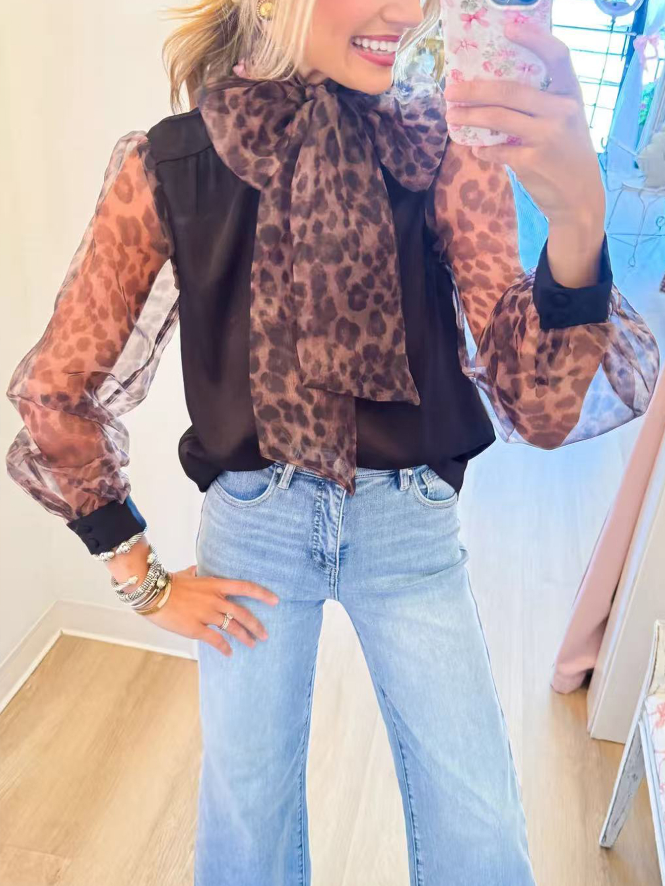 Women's Black Long Sleeve Blouse with Sheer Leopard Print Sleeves & Neck Tie
