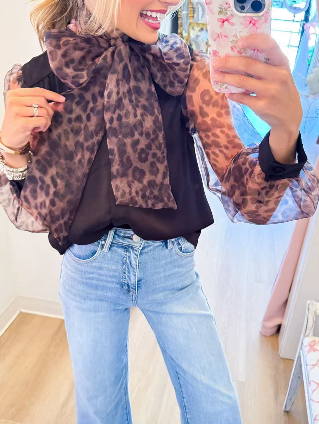 Women's Black Long Sleeve Blouse with Sheer Leopard Print Sleeves & Neck Tie